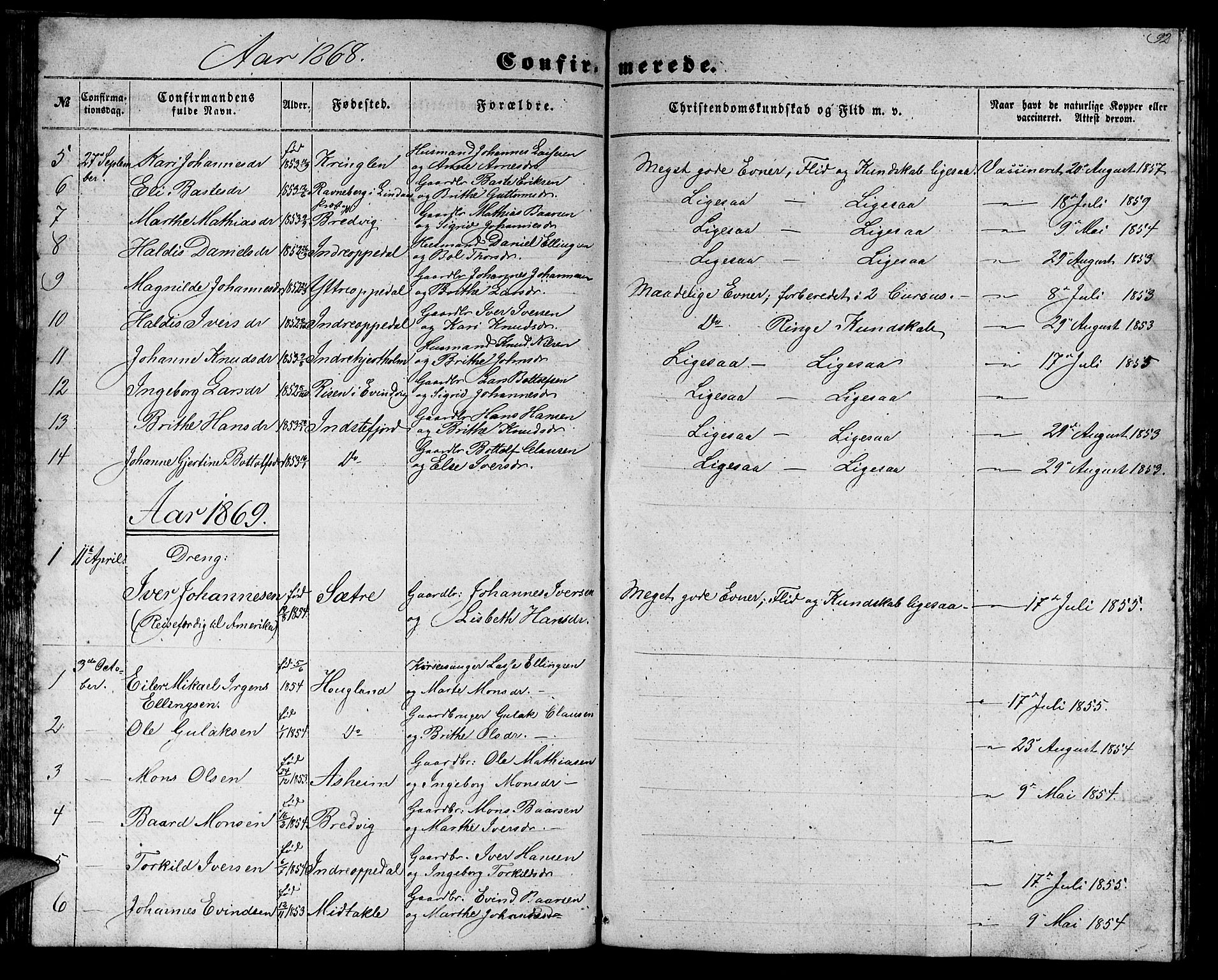 Gulen sokneprestembete, SAB/A-80201/H/Hab/Habc/L0001: Parish register (copy) no. C 1, 1853-1880, p. 92