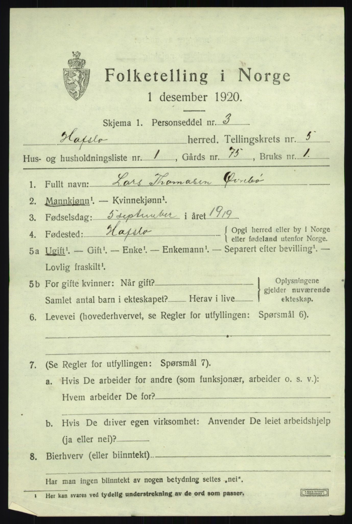 SAB, 1920 census for Hafslo, 1920, p. 3874