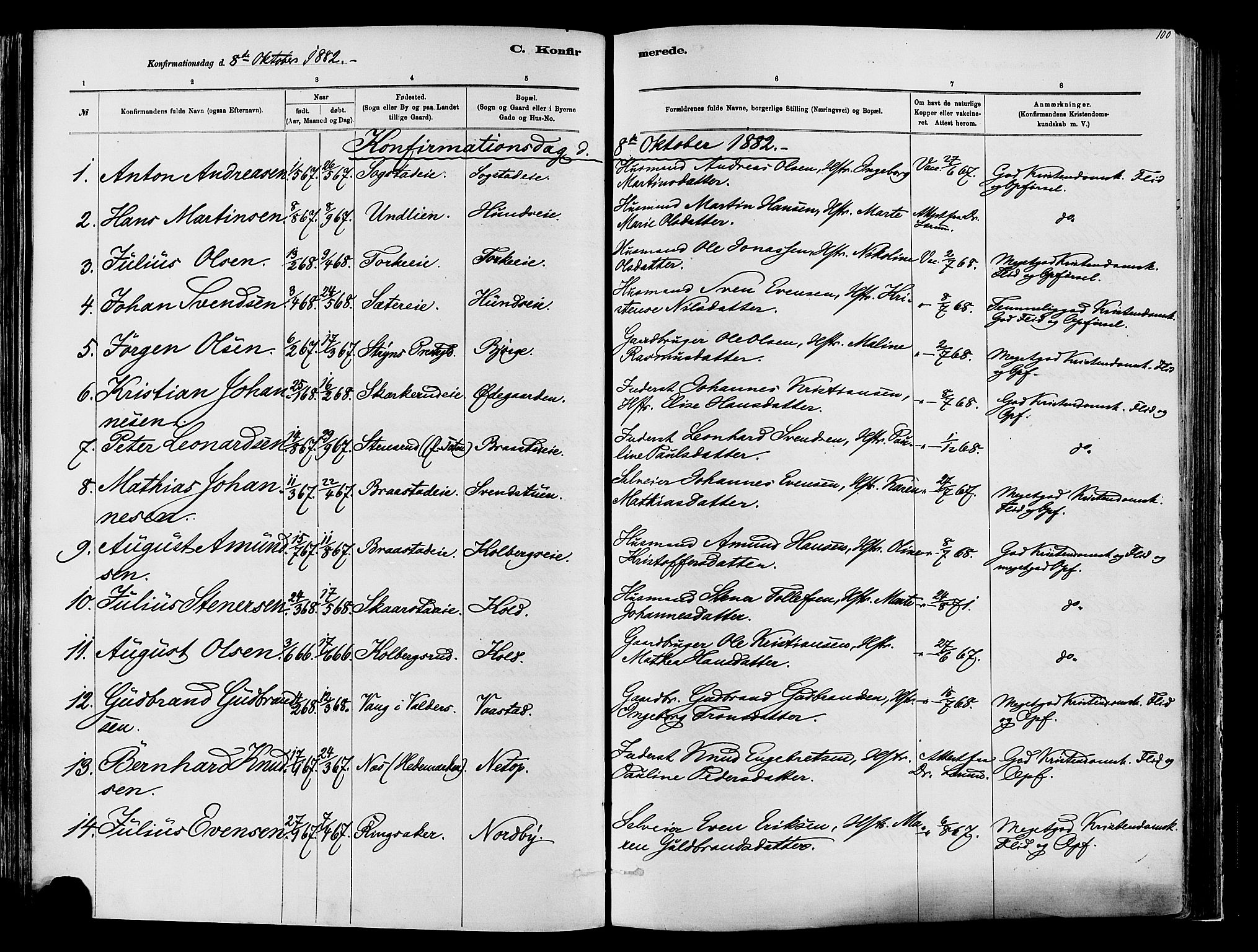 Vardal prestekontor, SAH/PREST-100/H/Ha/Haa/L0009: Parish register (official) no. 9, 1878-1892, p. 100