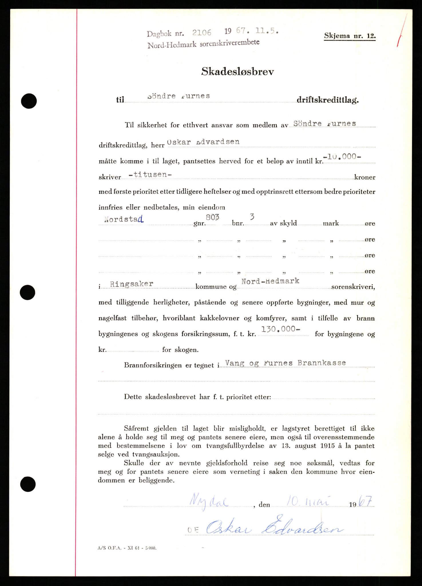 Nord-Hedmark sorenskriveri, SAH/TING-012/H/Hb/Hbf/L0071: Mortgage book no. B71, 1967-1967, Diary no: : 2106/1967