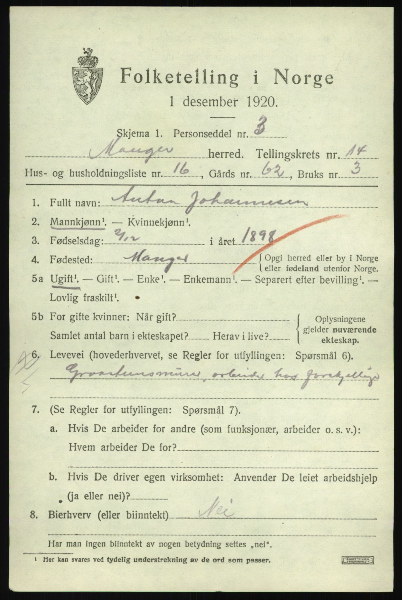 SAB, 1920 census for Manger, 1920, p. 8438