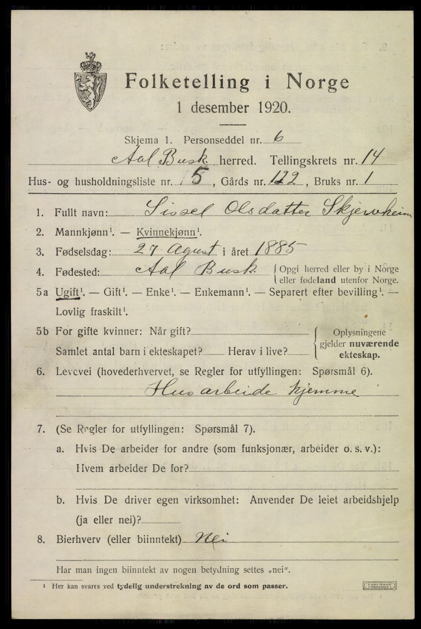 SAKO, 1920 census for Ål, 1920, p. 8134