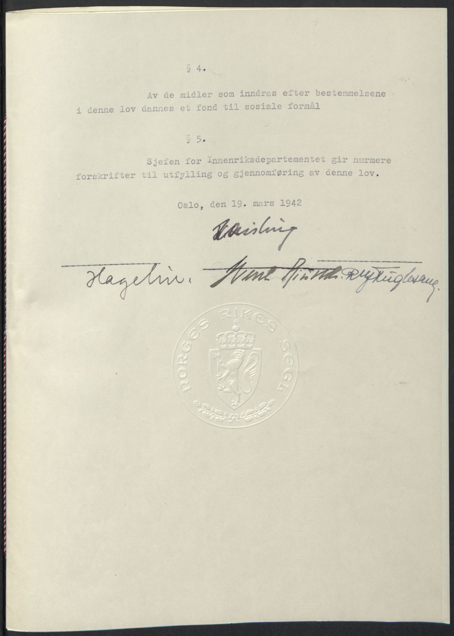NS-administrasjonen 1940-1945 (Statsrådsekretariatet, de kommisariske statsråder mm), RA/S-4279/D/Db/L0097: Lover I, 1942, p. 186