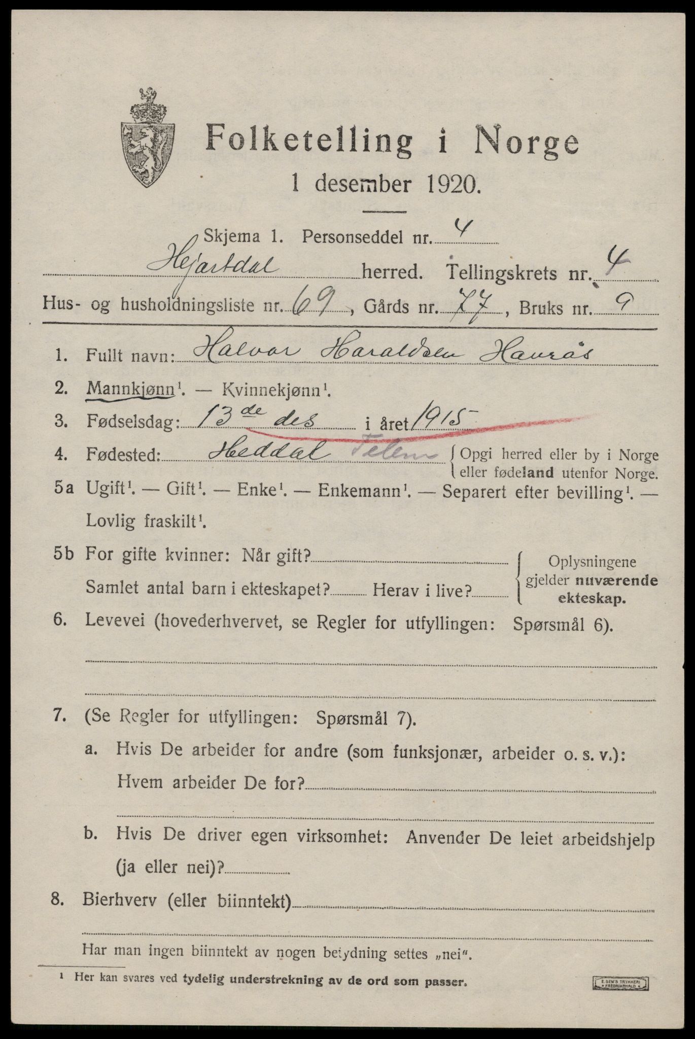 SAKO, 1920 census for Hjartdal, 1920, p. 3466