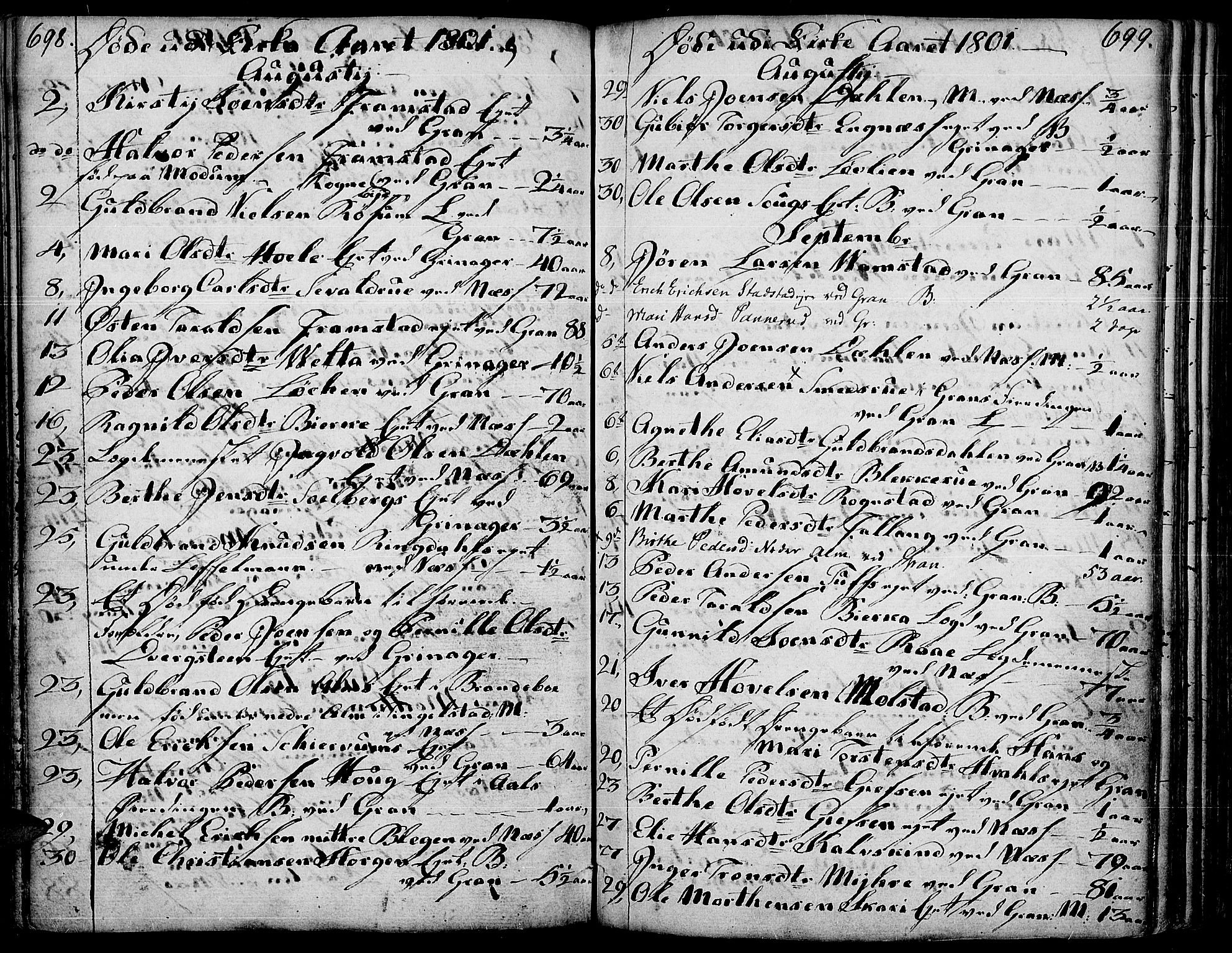 Gran prestekontor, AV/SAH-PREST-112/H/Ha/Haa/L0006: Parish register (official) no. 6, 1787-1824, p. 698-699