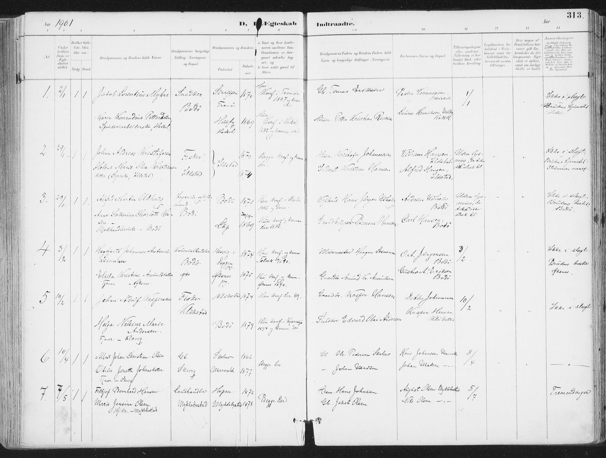 Ministerialprotokoller, klokkerbøker og fødselsregistre - Nordland, SAT/A-1459/802/L0055: Parish register (official) no. 802A02, 1894-1915, p. 313