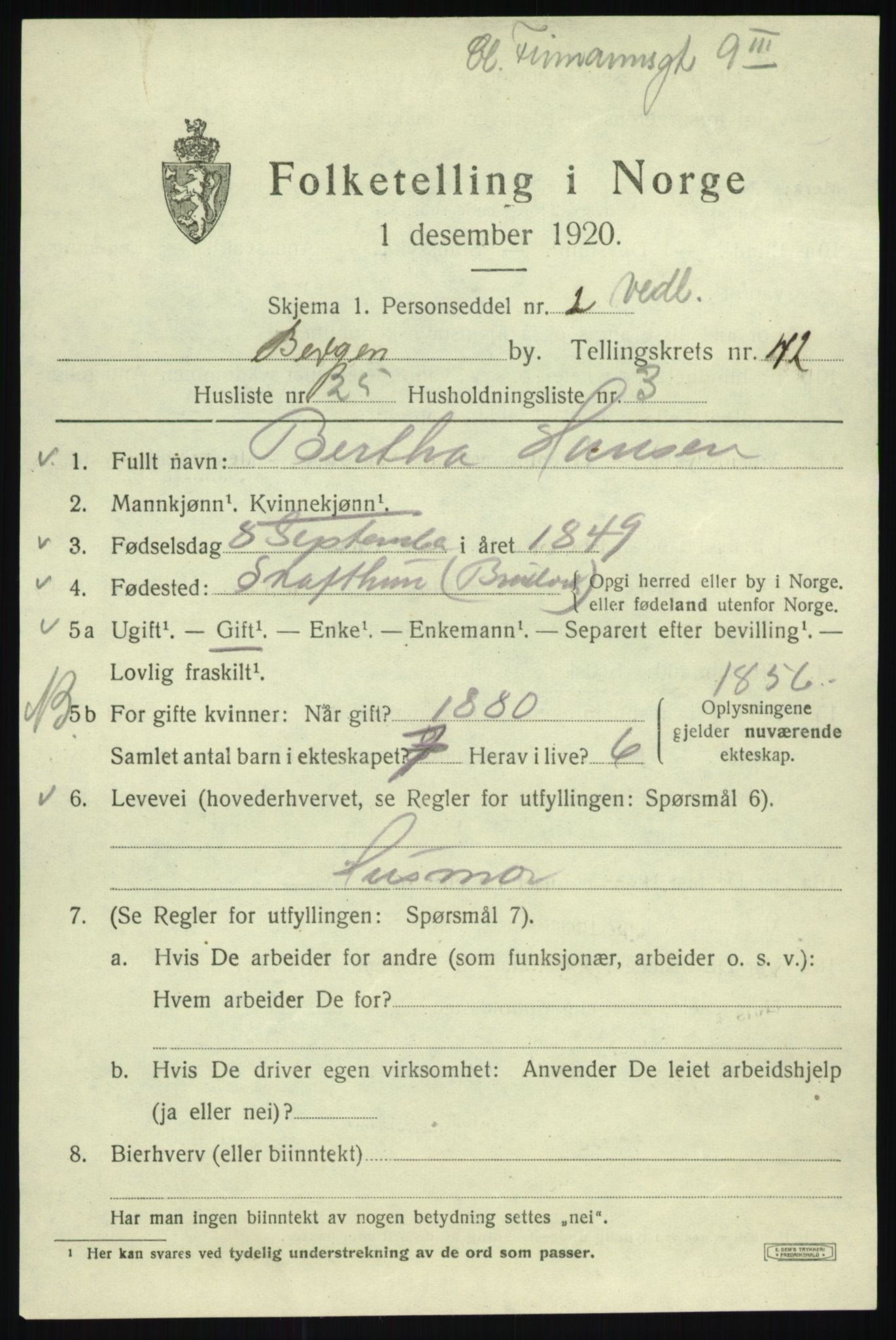 SAB, 1920 census for Bergen, 1920, p. 110401