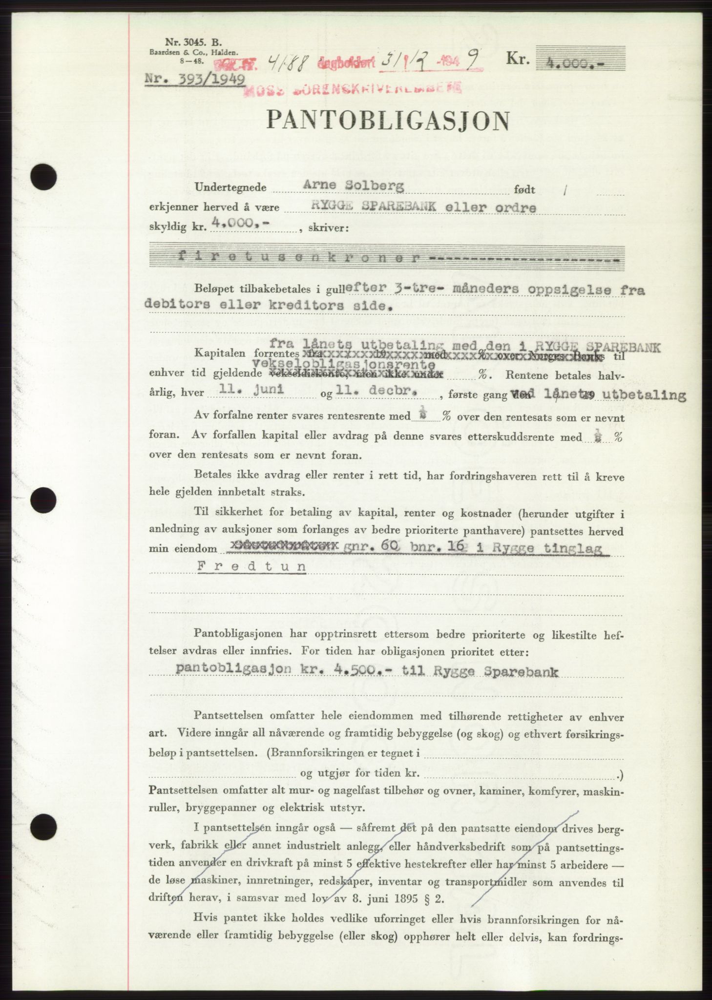 Moss sorenskriveri, SAO/A-10168: Mortgage book no. B23, 1949-1950, Diary no: : 4188/1949