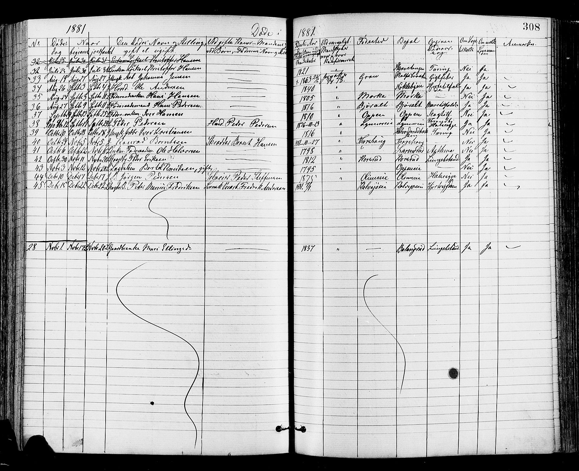 Jevnaker prestekontor, SAH/PREST-116/H/Ha/Haa/L0008: Parish register (official) no. 8, 1877-1890, p. 308