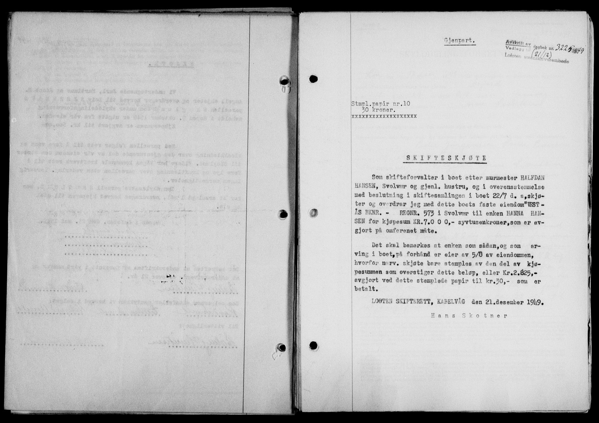 Lofoten sorenskriveri, SAT/A-0017/1/2/2C/L0022a: Mortgage book no. 22a, 1949-1950, Diary no: : 3225/1949