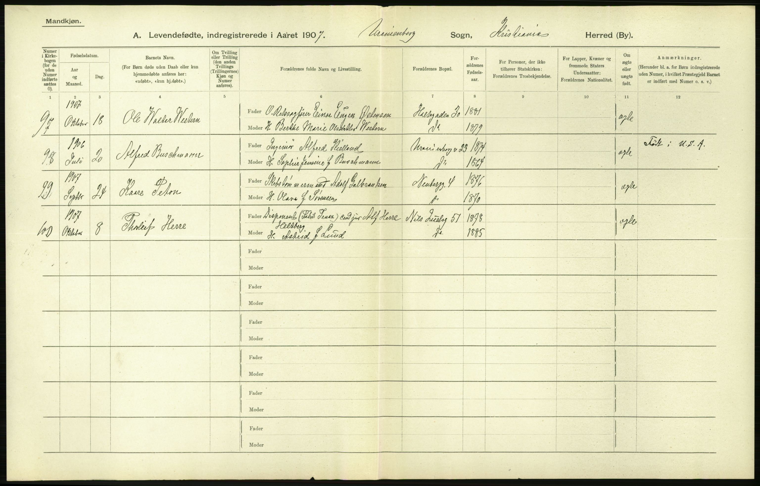 Statistisk sentralbyrå, Sosiodemografiske emner, Befolkning, AV/RA-S-2228/D/Df/Dfa/Dfae/L0006: Kristiania: Levendefødte menn og kvinner., 1907, p. 266