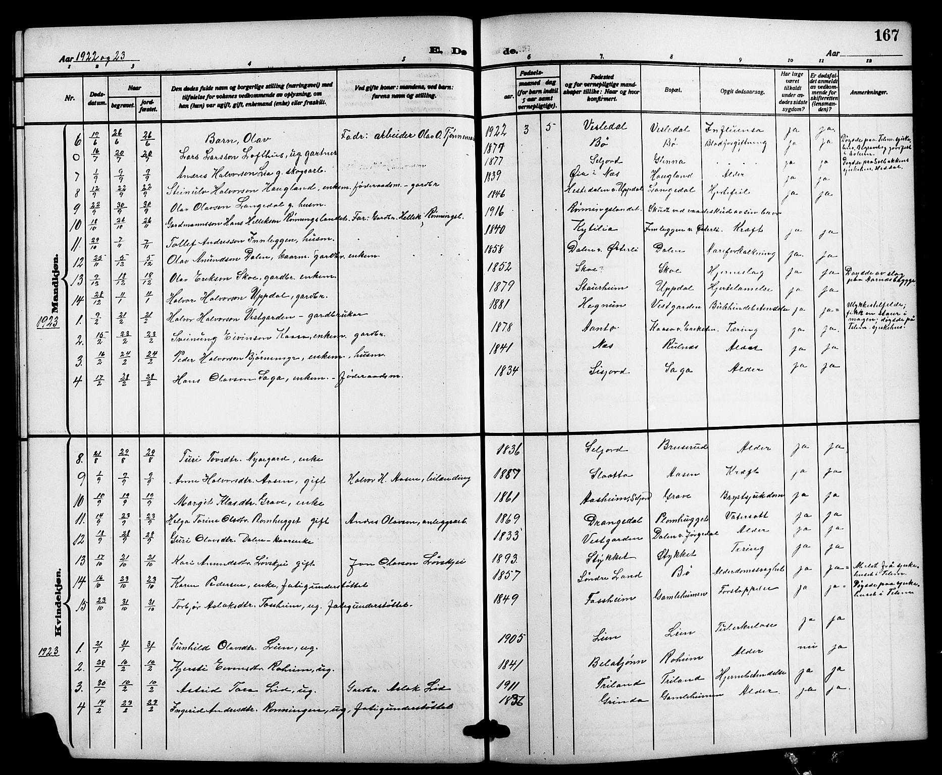 Bø kirkebøker, SAKO/A-257/G/Ga/L0007: Parish register (copy) no. 7, 1909-1924, p. 167