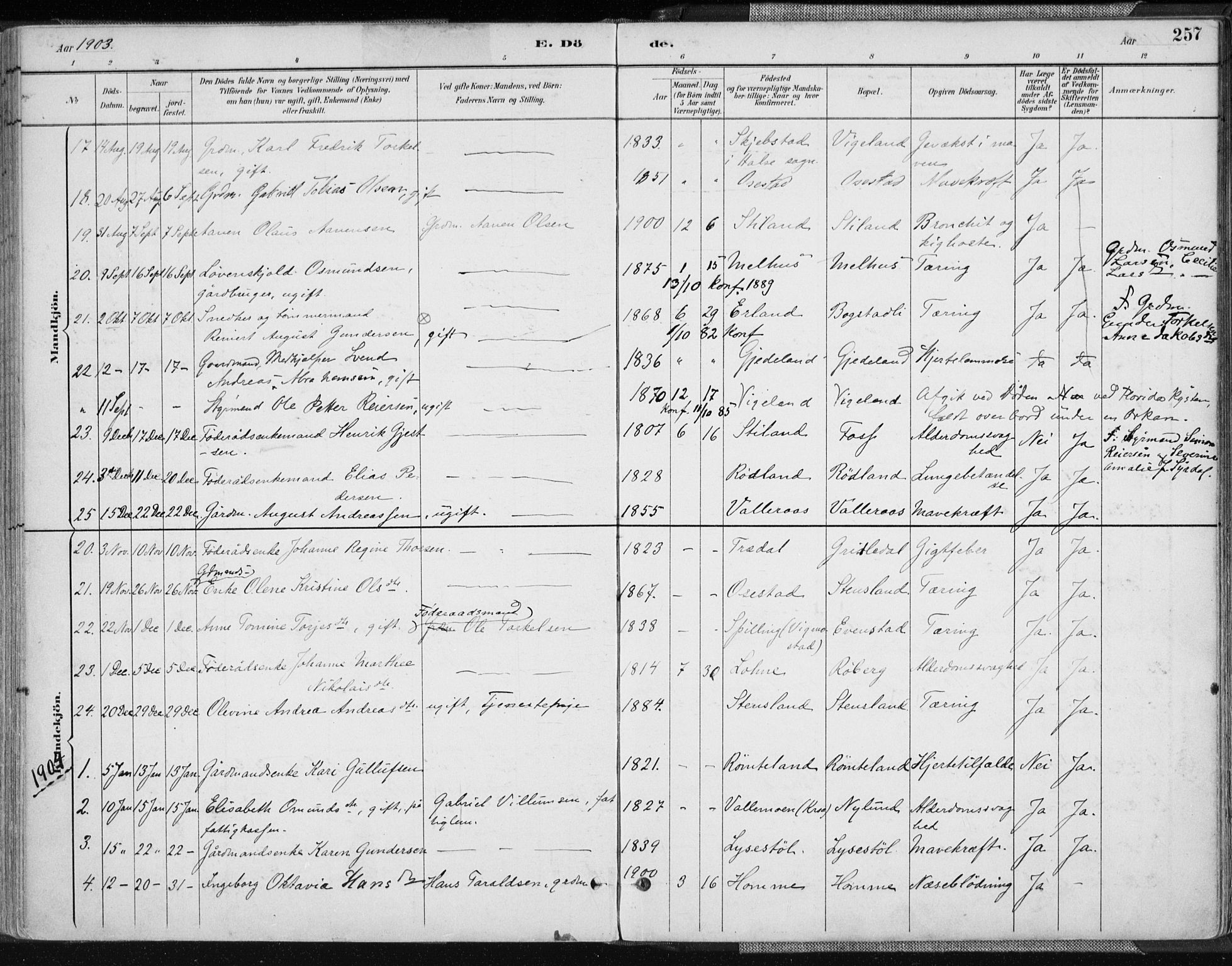 Sør-Audnedal sokneprestkontor, AV/SAK-1111-0039/F/Fa/Fab/L0010: Parish register (official) no. A 10, 1892-1913, p. 257