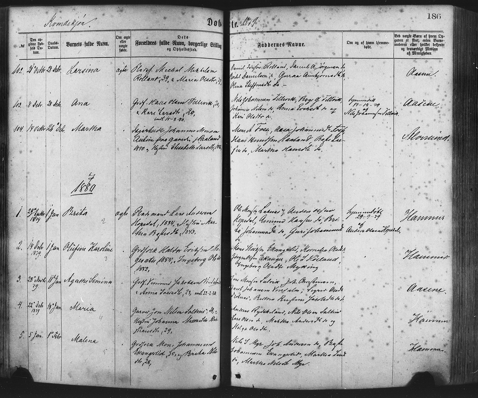 Hamre sokneprestembete, SAB/A-75501/H/Ha/Haa/Haaa/L0015: Parish register (official) no. A 15, 1870-1881, p. 186