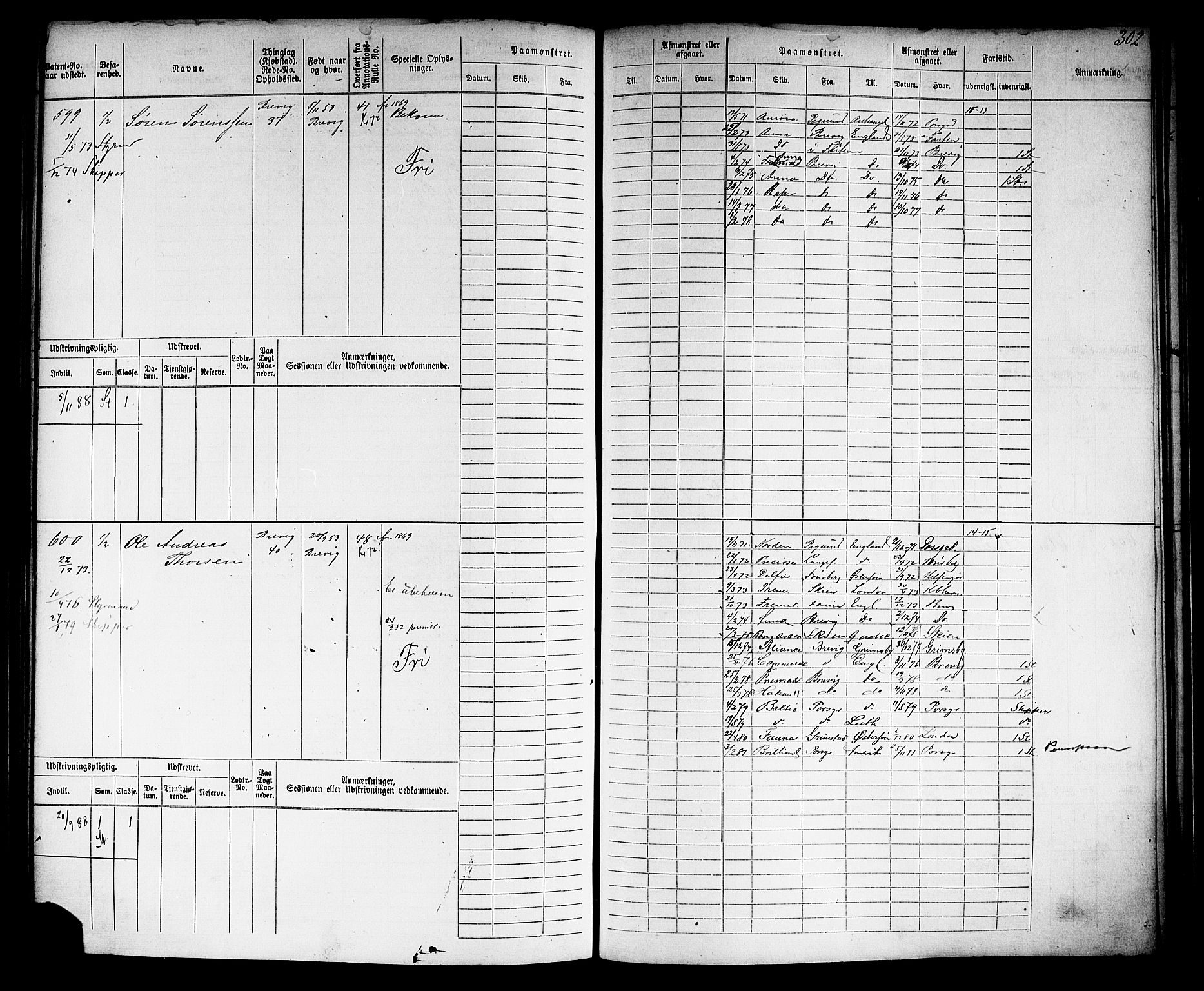 Brevik innrulleringskontor, AV/SAKO-A-833/F/Fb/L0001: Hovedrulle, 1869-1875, p. 304