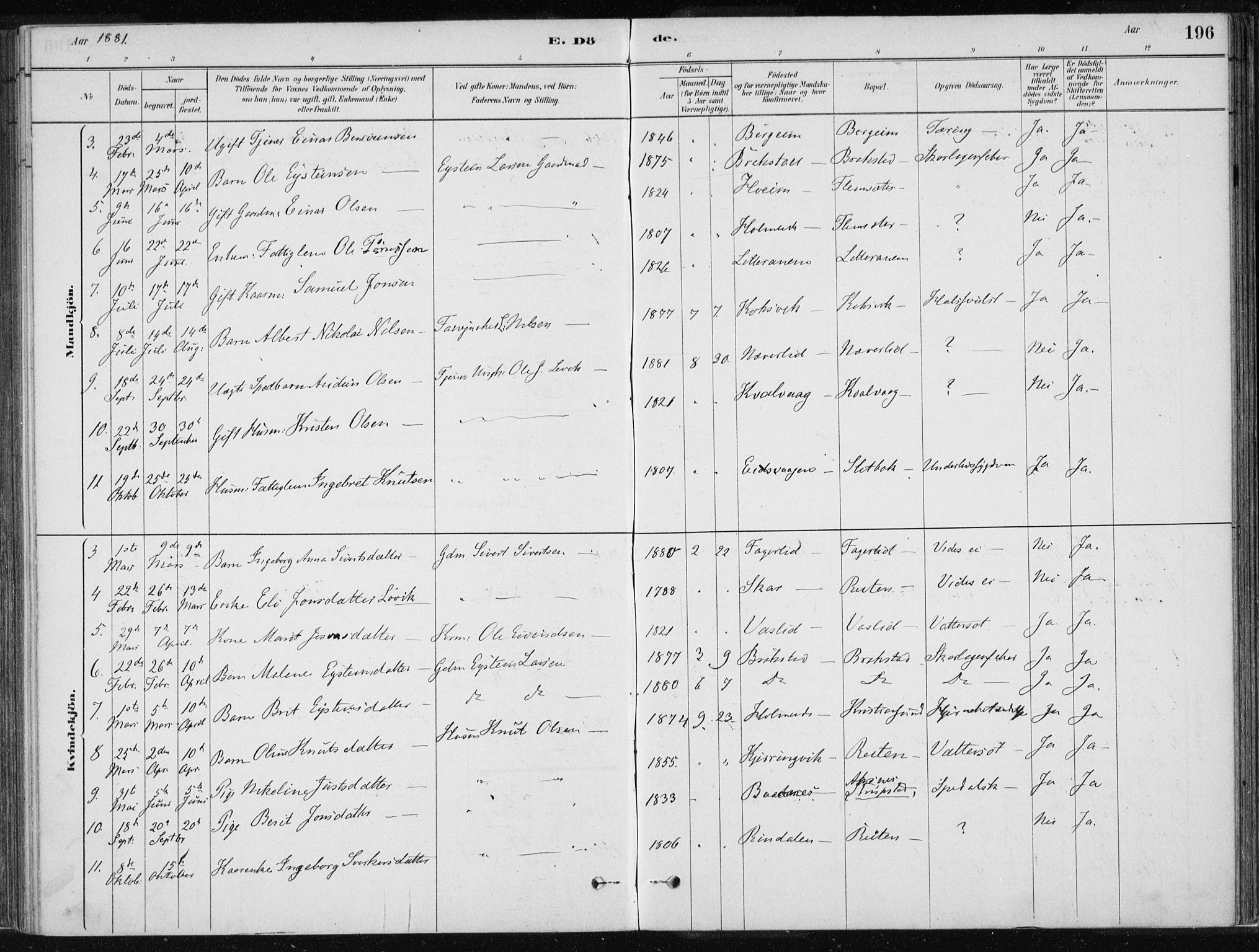 Ministerialprotokoller, klokkerbøker og fødselsregistre - Møre og Romsdal, AV/SAT-A-1454/586/L0987: Parish register (official) no. 586A13, 1879-1892, p. 196