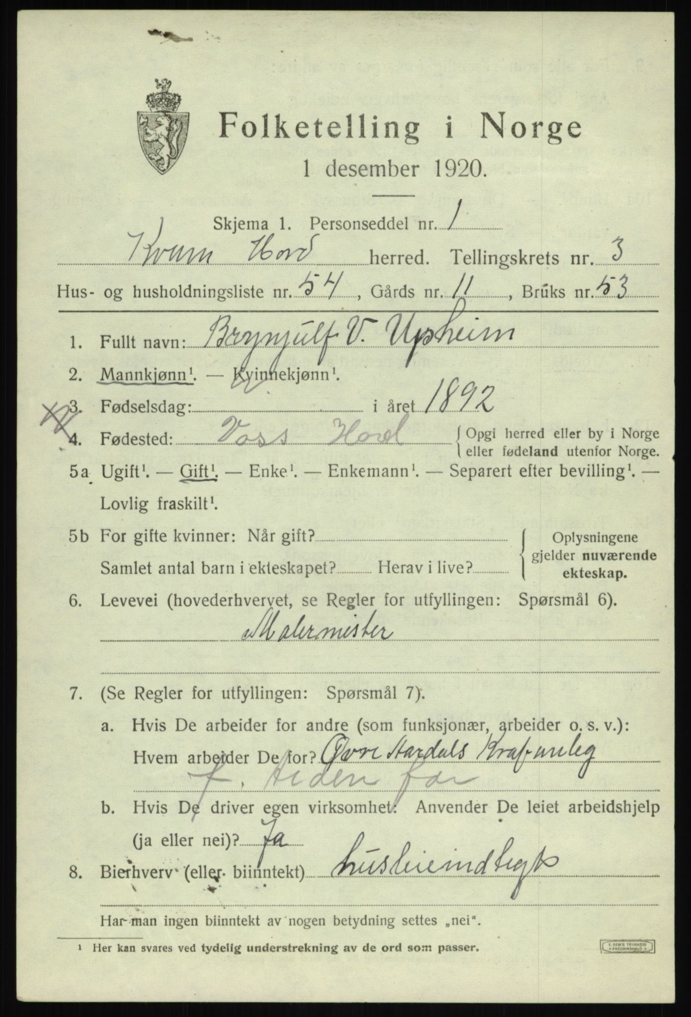 SAB, 1920 census for Kvam, 1920, p. 3219