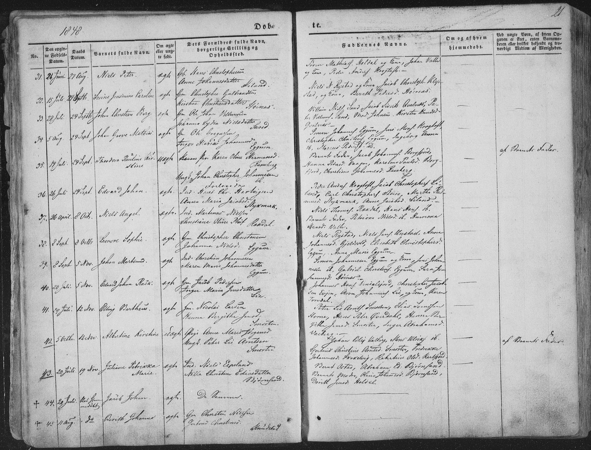 Ministerialprotokoller, klokkerbøker og fødselsregistre - Nordland, AV/SAT-A-1459/880/L1131: Parish register (official) no. 880A05, 1844-1868, p. 21