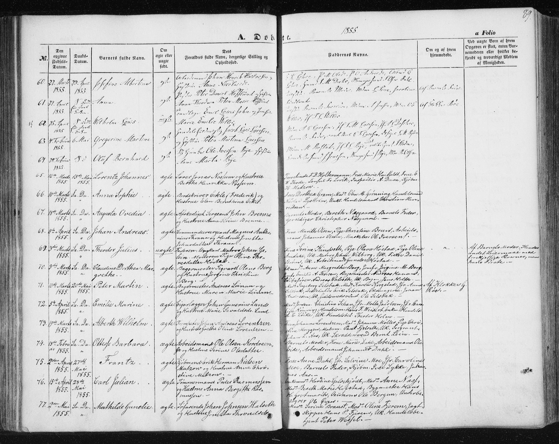 Ministerialprotokoller, klokkerbøker og fødselsregistre - Sør-Trøndelag, SAT/A-1456/602/L0112: Parish register (official) no. 602A10, 1848-1859, p. 89