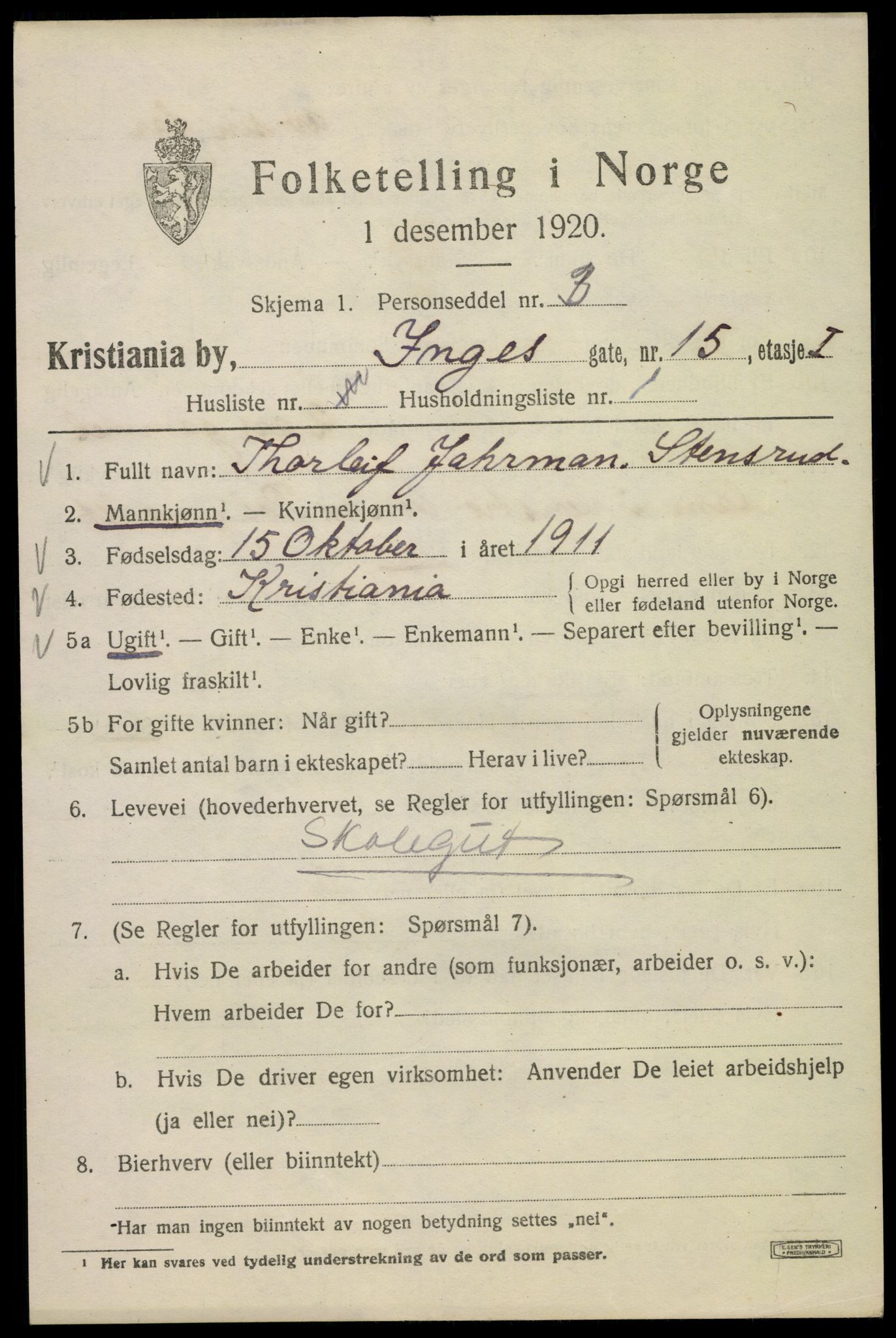 SAO, 1920 census for Kristiania, 1920, p. 310105