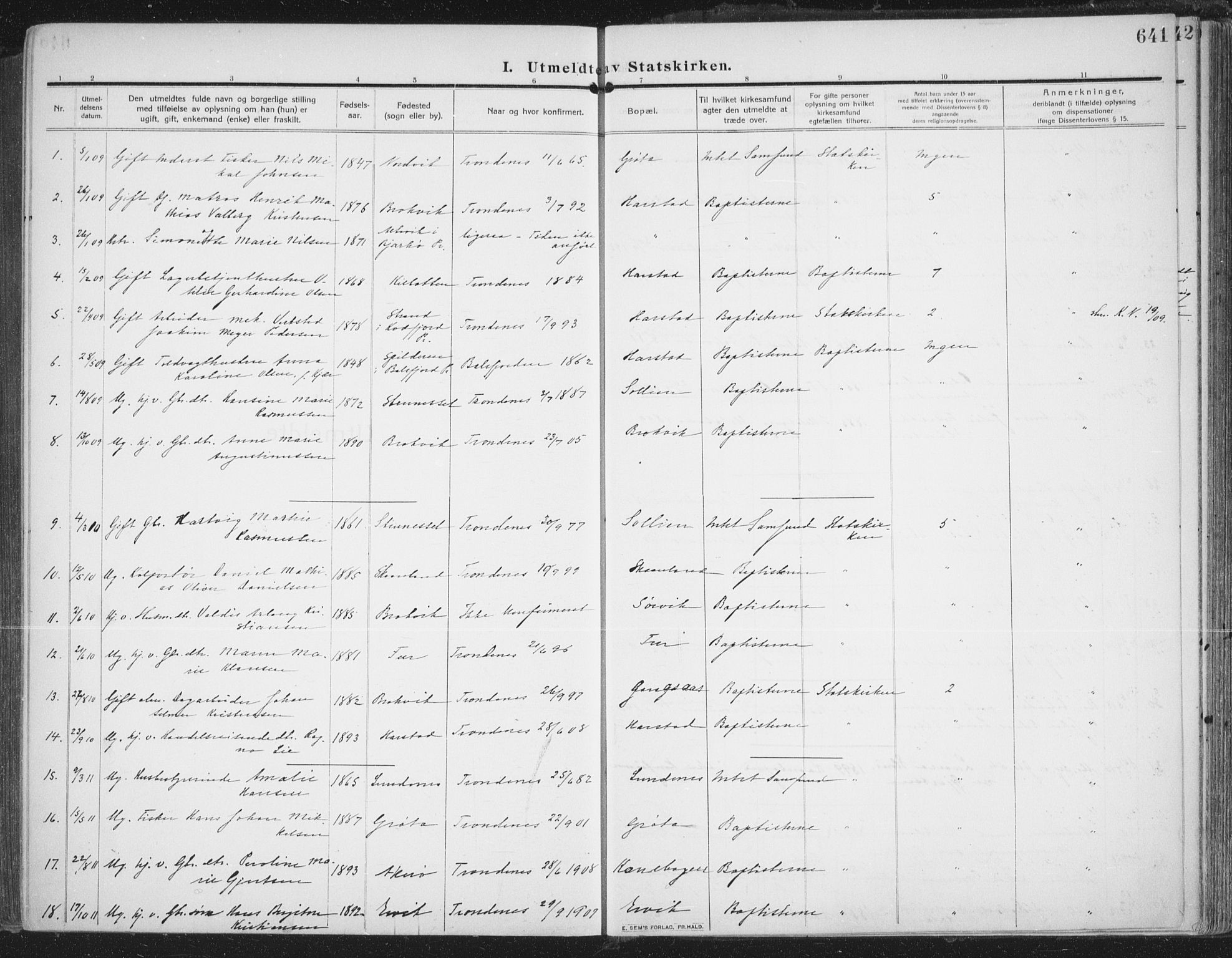Trondenes sokneprestkontor, SATØ/S-1319/H/Ha/L0018kirke: Parish register (official) no. 18, 1909-1918, p. 641