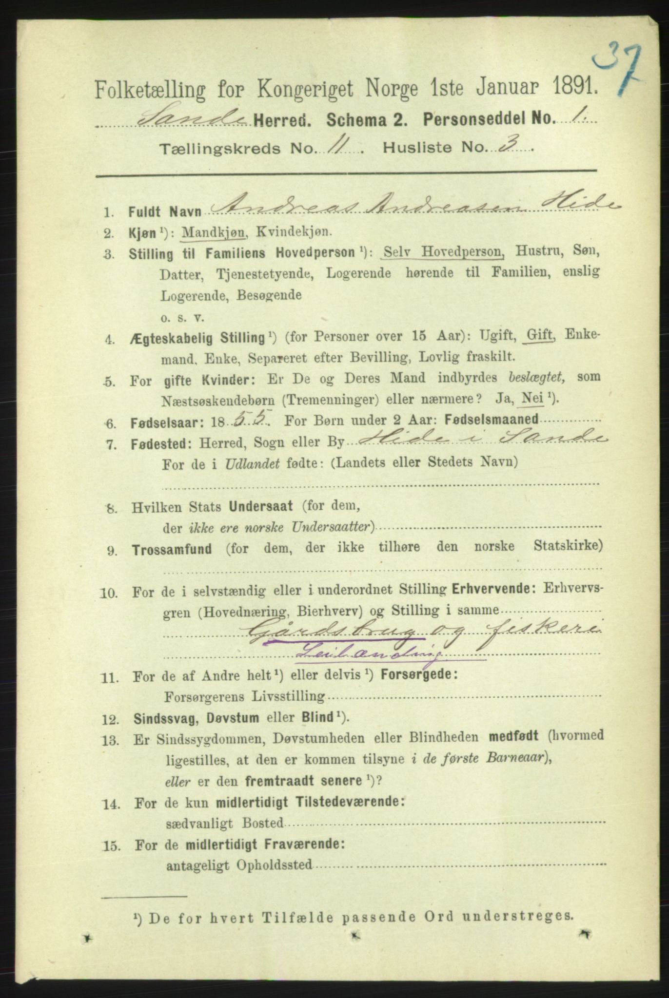 RA, 1891 census for 1514 Sande, 1891, p. 1968