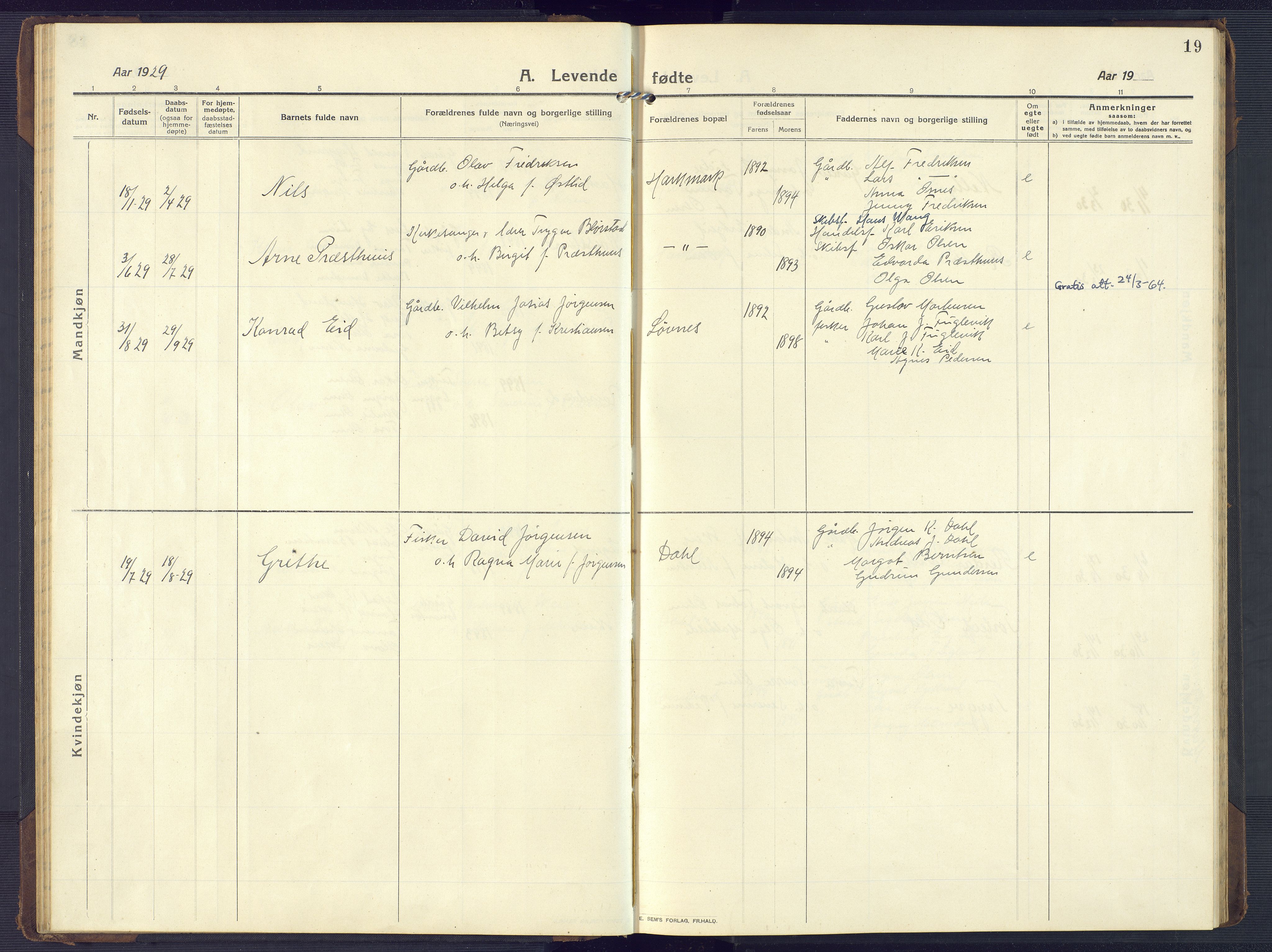 Mandal sokneprestkontor, SAK/1111-0030/F/Fb/Fbb/L0005: Parish register (copy) no. B 5, 1913-1957, p. 19