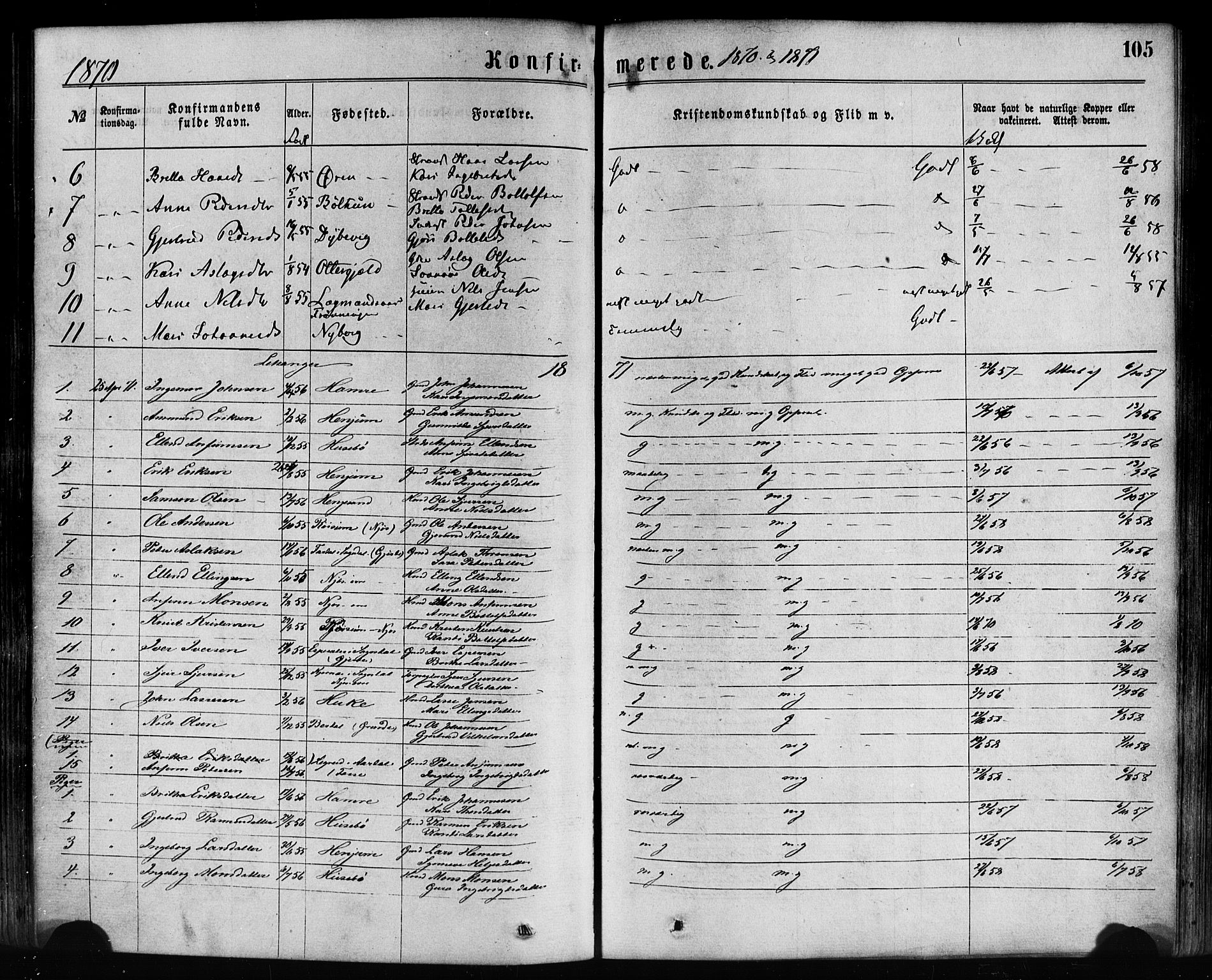 Leikanger sokneprestembete, AV/SAB-A-81001/H/Haa/Haaa/L0009: Parish register (official) no. A 9, 1869-1888, p. 105