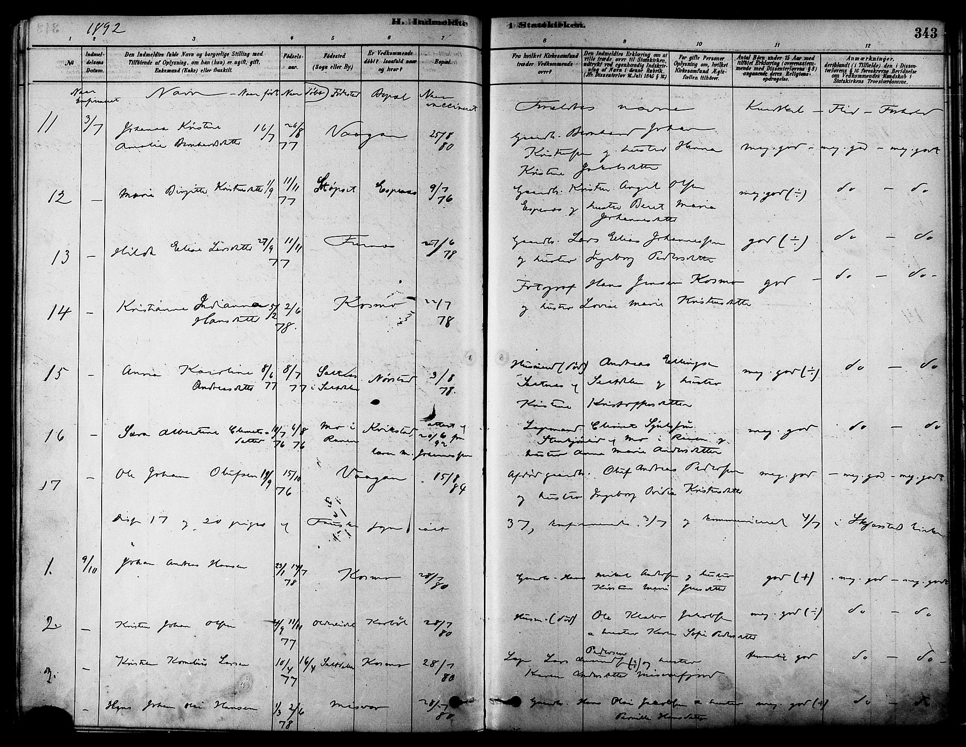 Ministerialprotokoller, klokkerbøker og fødselsregistre - Nordland, AV/SAT-A-1459/852/L0740: Parish register (official) no. 852A10, 1878-1894, p. 343