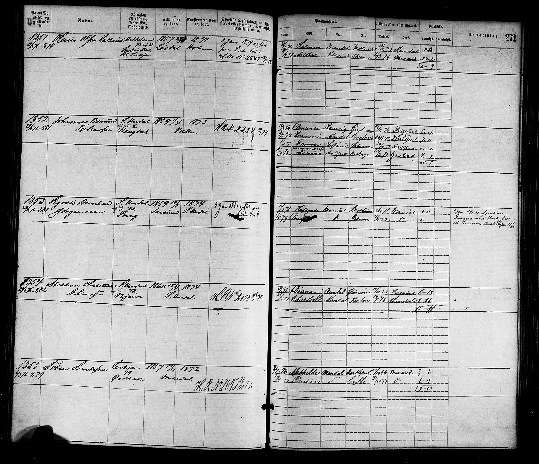 Mandal mønstringskrets, SAK/2031-0016/F/Fa/L0001: Annotasjonsrulle nr 1-1920 med register, L-3, 1869-1881, p. 307
