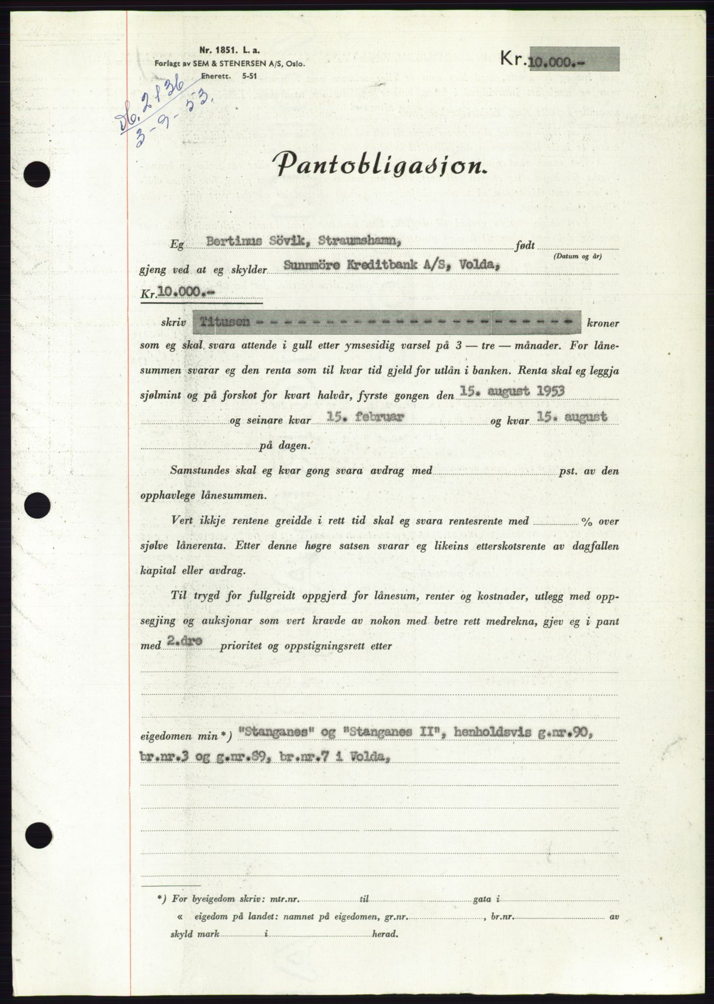 Søre Sunnmøre sorenskriveri, AV/SAT-A-4122/1/2/2C/L0123: Mortgage book no. 11B, 1953-1953, Diary no: : 2136/1953