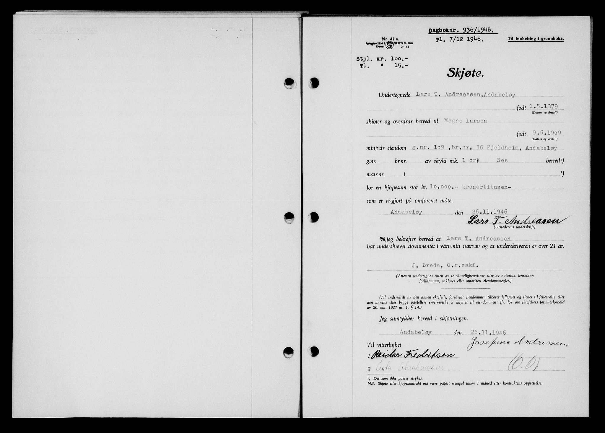 Flekkefjord sorenskriveri, AV/SAK-1221-0001/G/Gb/Gba/L0061: Mortgage book no. A-9, 1946-1947, Diary no: : 936/1946