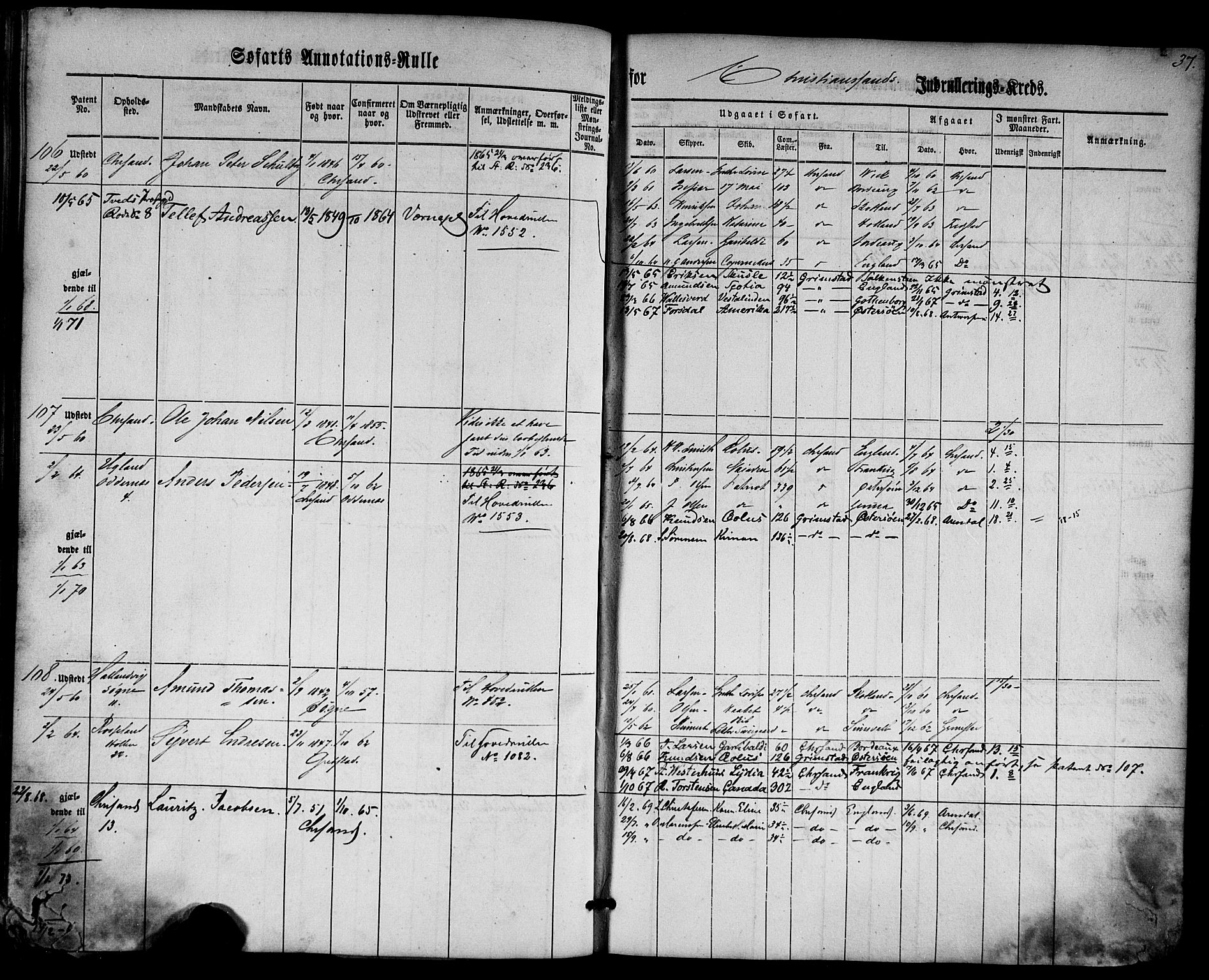 Kristiansand mønstringskrets, AV/SAK-2031-0015/F/Fa/L0004: Annotasjonsrulle nr 1-507b med register, I-2, 1860-1865, p. 53