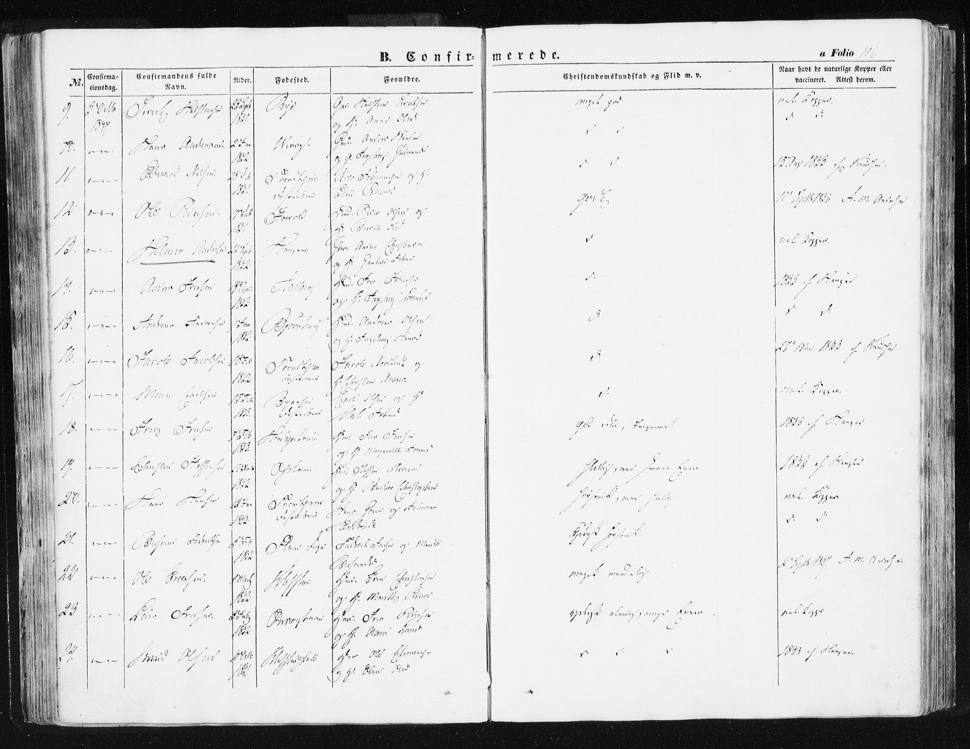 Ministerialprotokoller, klokkerbøker og fødselsregistre - Sør-Trøndelag, SAT/A-1456/612/L0376: Parish register (official) no. 612A08, 1846-1859, p. 116