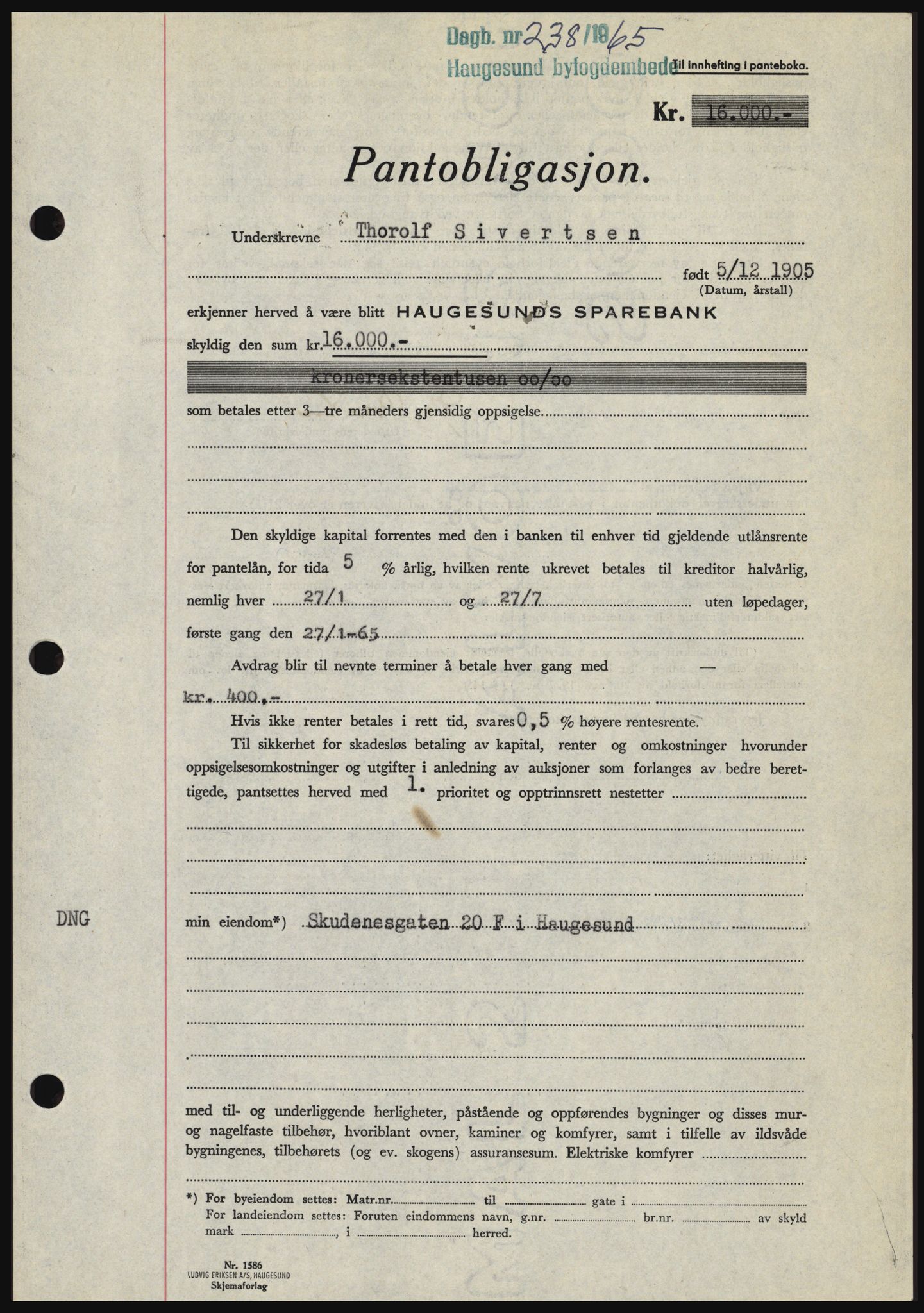 Haugesund tingrett, SAST/A-101415/01/II/IIC/L0053: Mortgage book no. B 53, 1965-1965, Diary no: : 238/1965