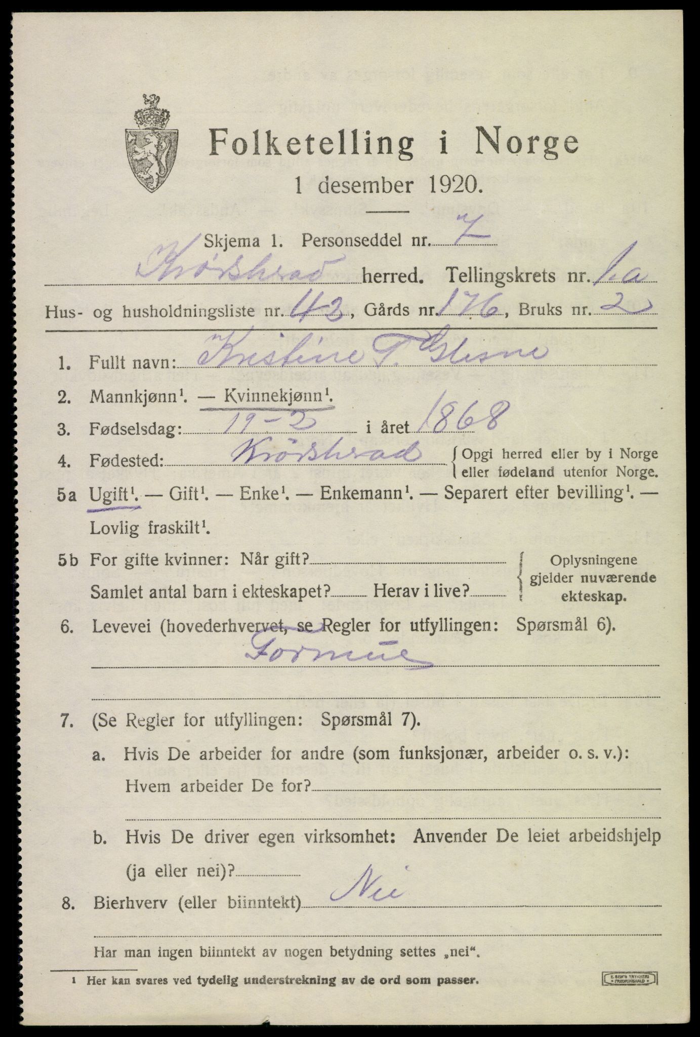 SAKO, 1920 census for Krødsherad, 1920, p. 1451