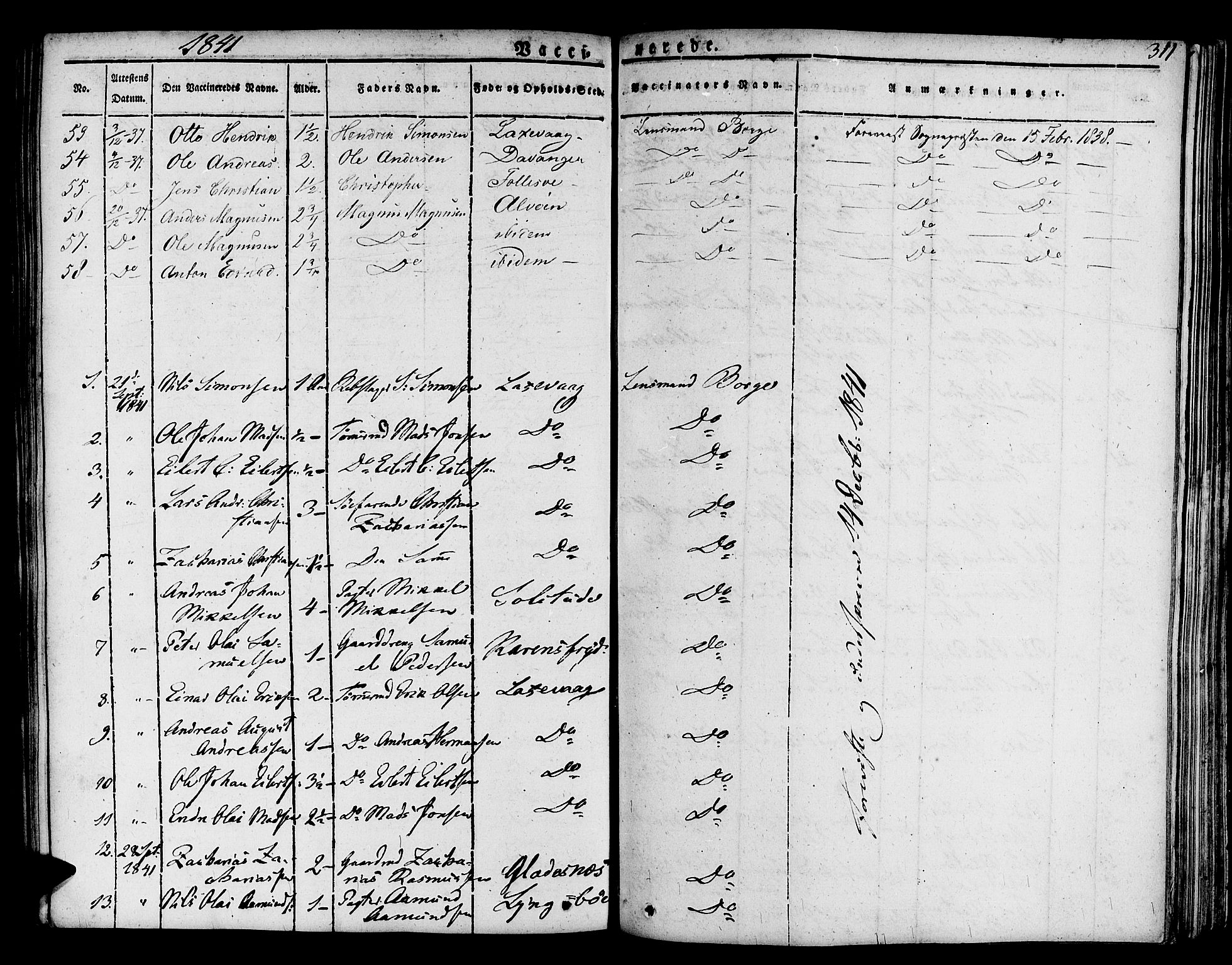 Askøy Sokneprestembete, SAB/A-74101/H/Ha/Haa/Haaa/L0004: Parish register (official) no. A 4, 1825-1845, p. 311