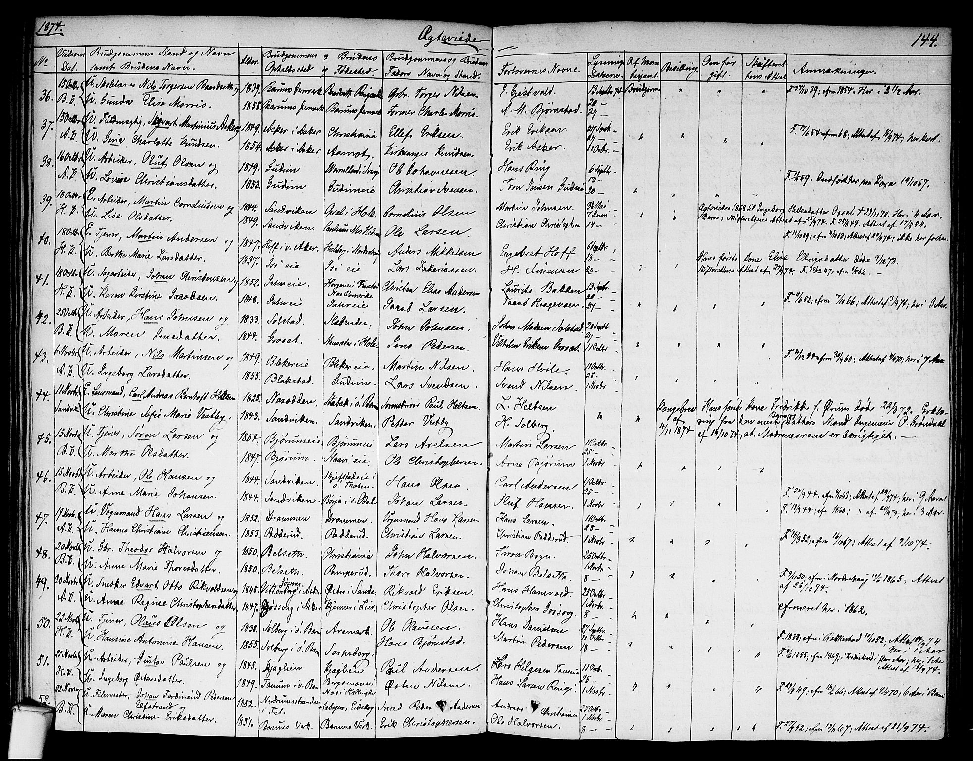 Asker prestekontor Kirkebøker, SAO/A-10256a/F/Fa/L0010: Parish register (official) no. I 10, 1825-1878, p. 144