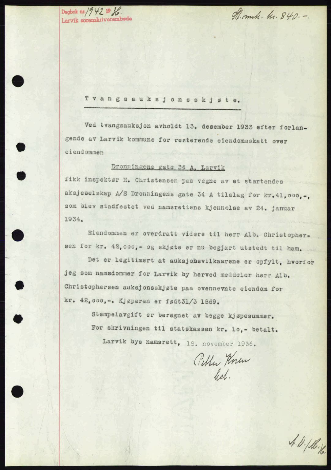 Larvik sorenskriveri, SAKO/A-83/G/Ga/Gab/L0067: Mortgage book no. A-1, 1936-1937, Diary no: : 1942/1936