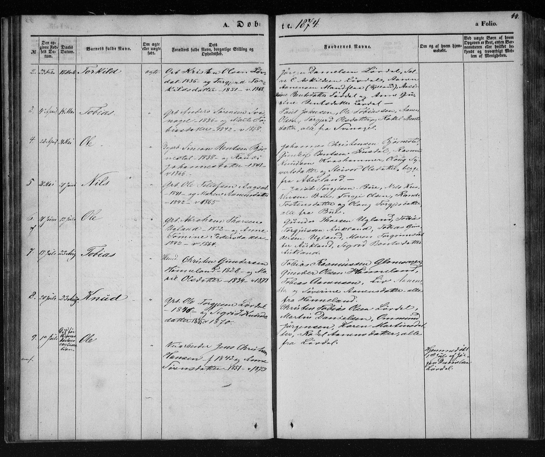 Holum sokneprestkontor, AV/SAK-1111-0022/F/Fa/Fab/L0005: Parish register (official) no. A 5, 1847-1874, p. 44