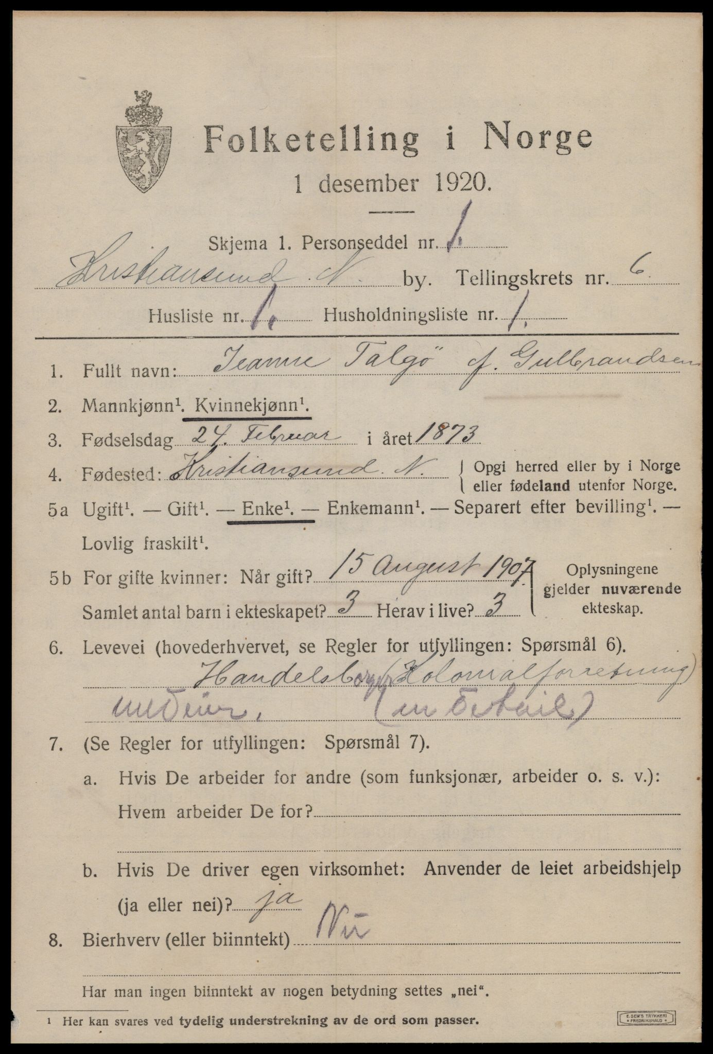 SAT, 1920 census for Kristiansund, 1920, p. 17025