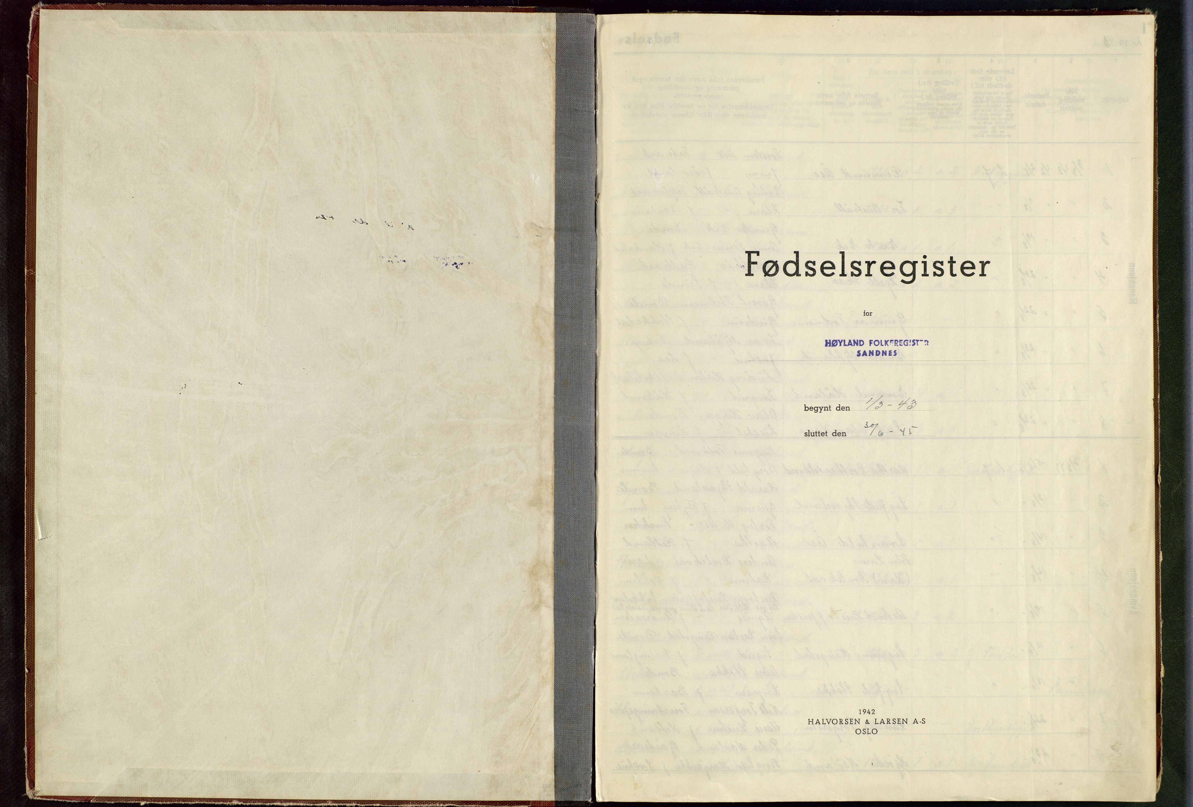 Høyland sokneprestkontor, SAST/A-101799/002/O/L0004: Birth register no. 4, 1943-1945
