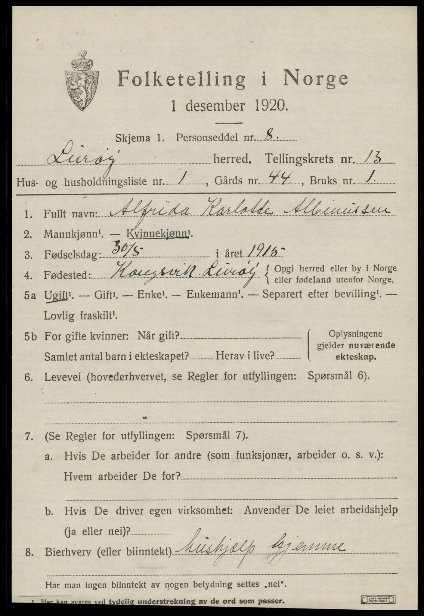 SAT, 1920 census for Lurøy, 1920, p. 5197