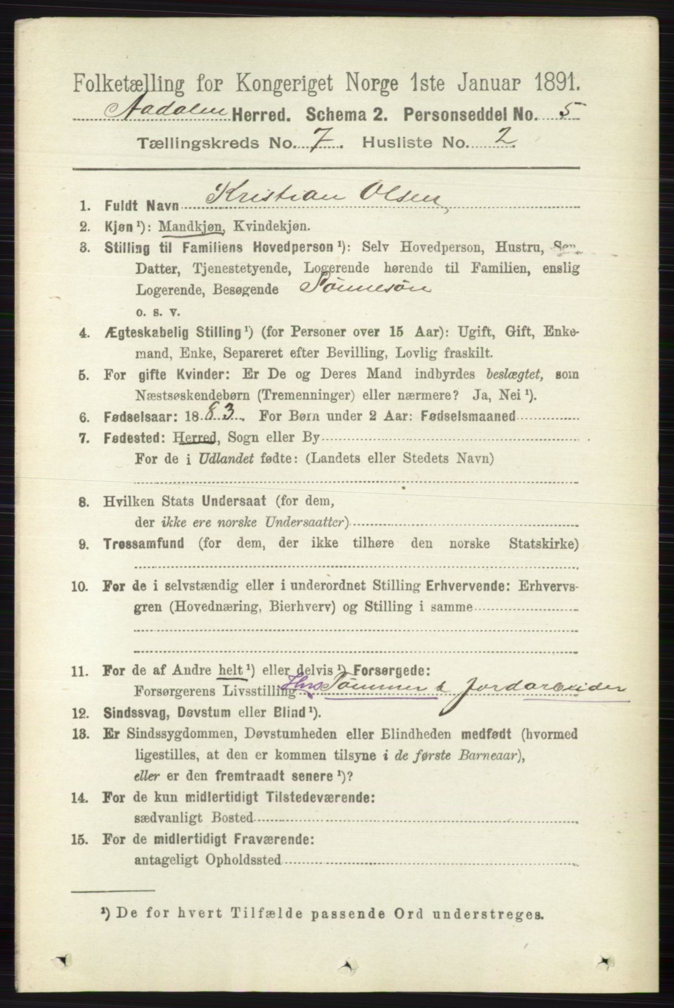 RA, 1891 census for 0614 Ådal, 1891, p. 3047