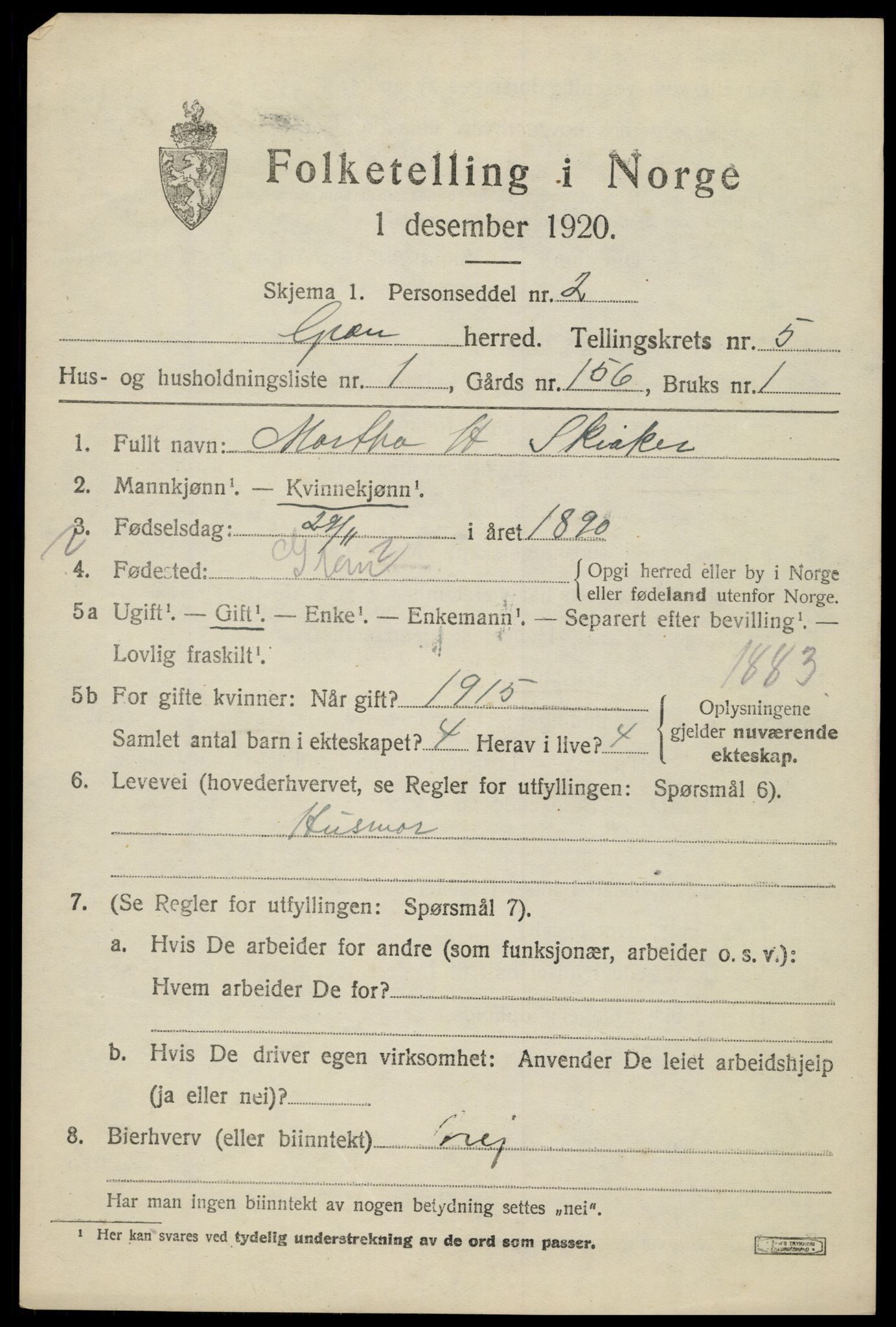 SAH, 1920 census for Gran, 1920, p. 6944