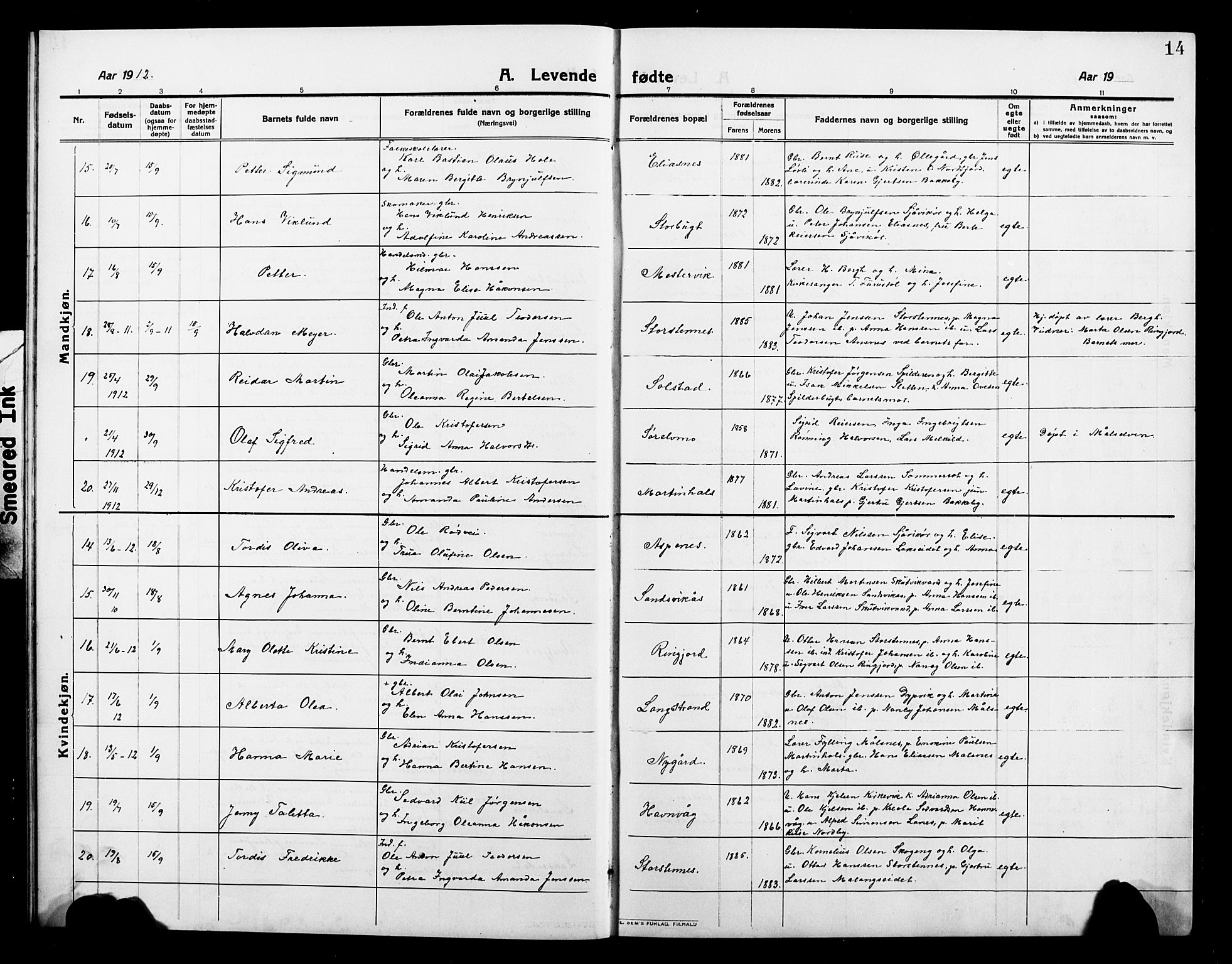 Balsfjord sokneprestembete, AV/SATØ-S-1303/G/Gab/L0004klokker: Parish register (copy) no. 4, 1910-1926, p. 14