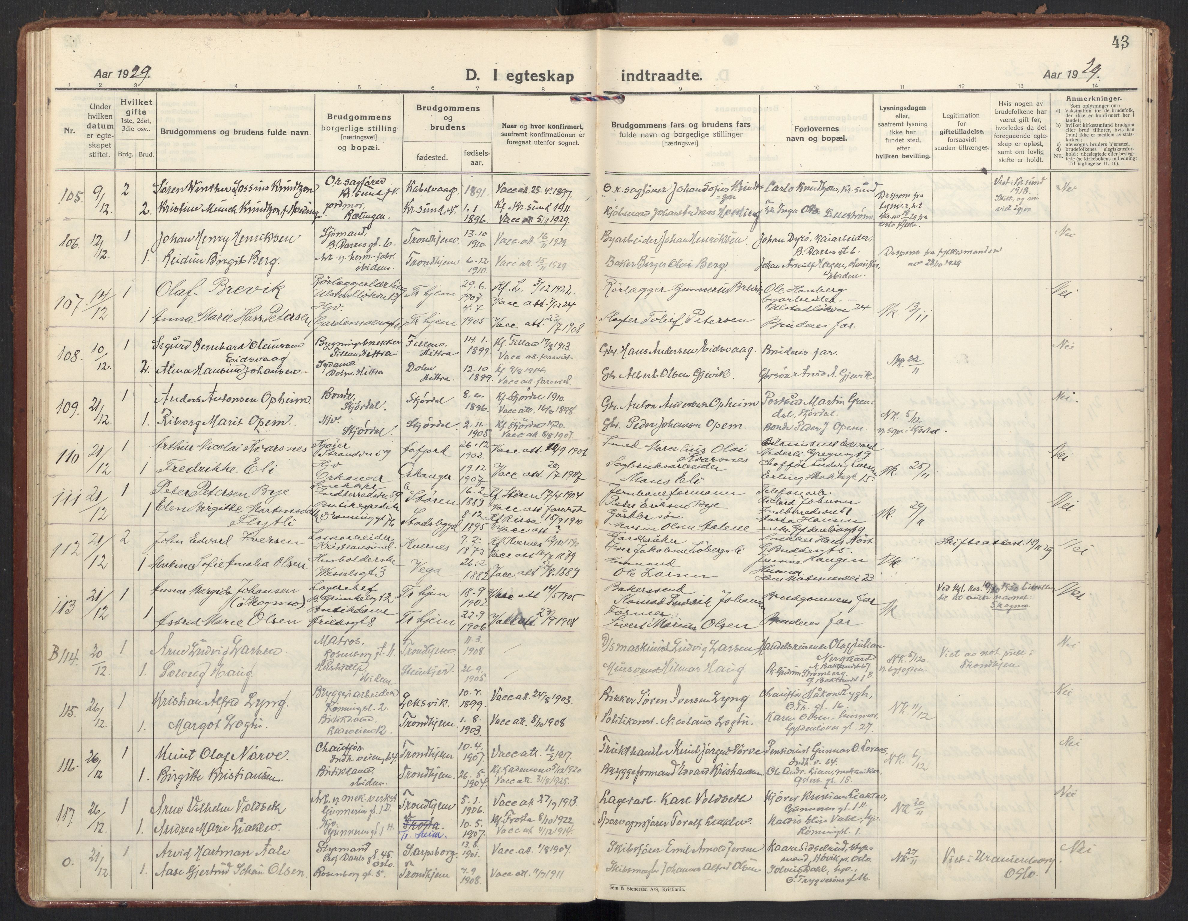 Ministerialprotokoller, klokkerbøker og fødselsregistre - Sør-Trøndelag, SAT/A-1456/605/L0249: Parish register (official) no. 605A11, 1925-1936, p. 43