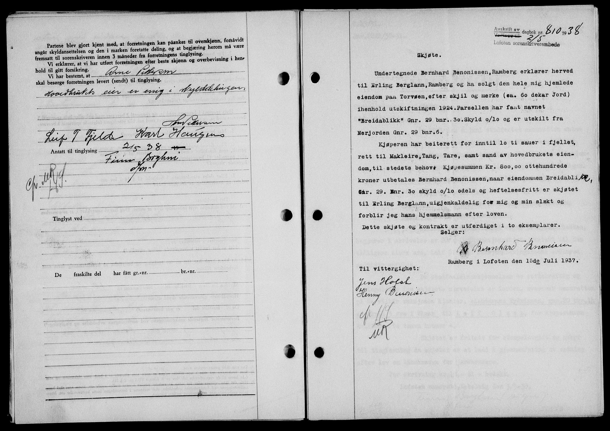 Lofoten sorenskriveri, SAT/A-0017/1/2/2C/L0004a: Mortgage book no. 4a, 1938-1938, Diary no: : 810/1938