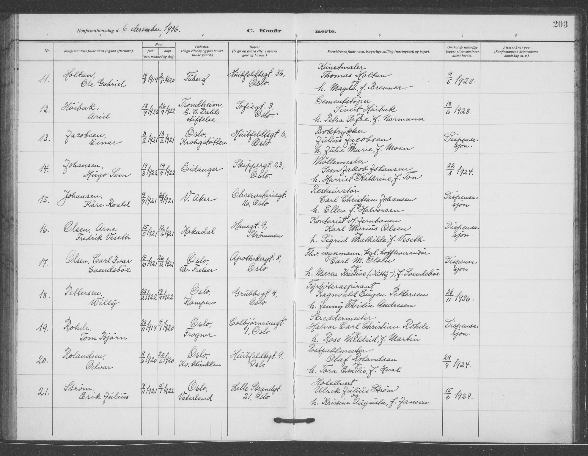 Oslo domkirke Kirkebøker, SAO/A-10752/F/Fa/L0031: Parish register (official) no. 31, 1918-1941, p. 203