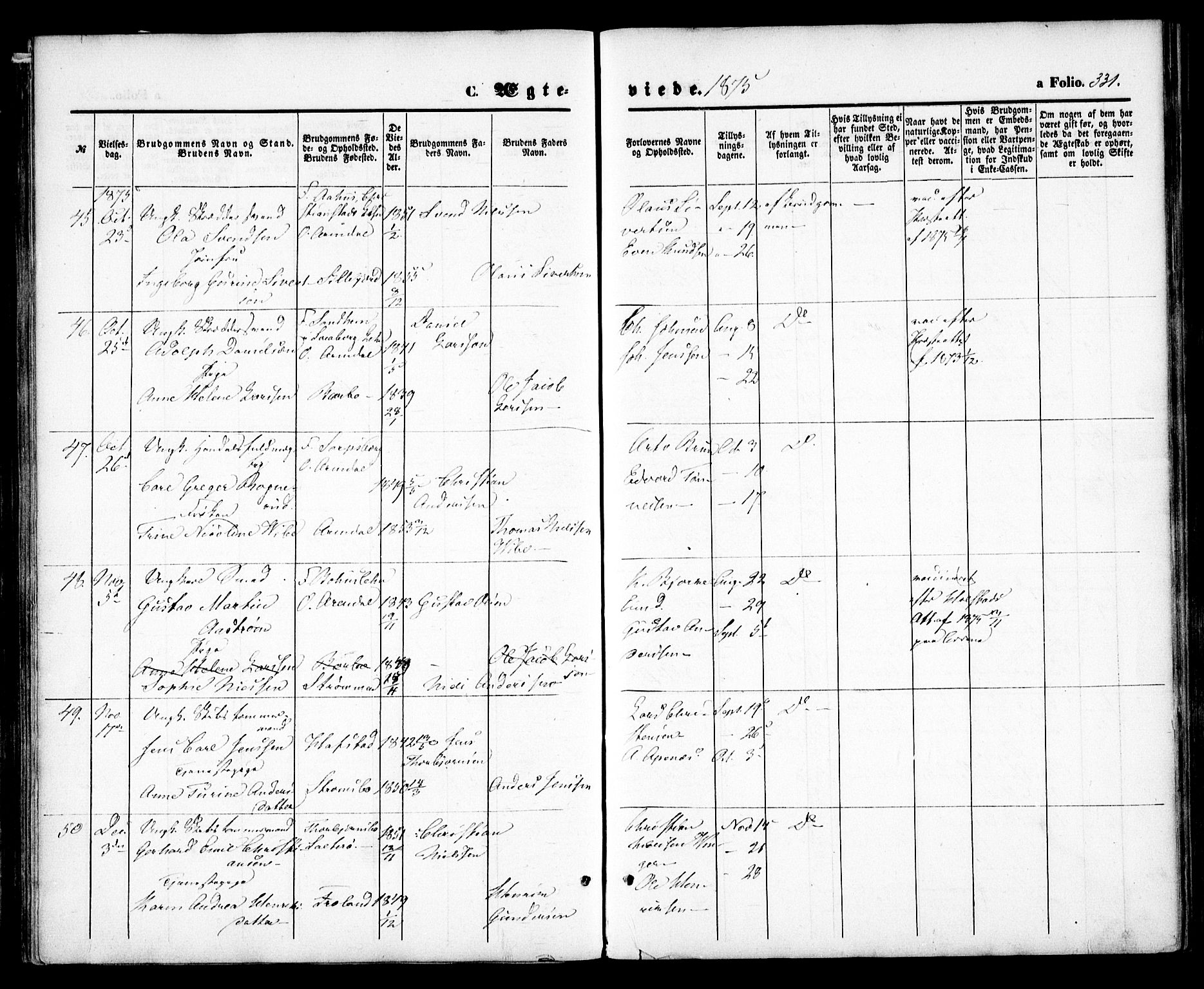 Arendal sokneprestkontor, Trefoldighet, SAK/1111-0040/F/Fa/L0007: Parish register (official) no. A 7, 1868-1878, p. 331